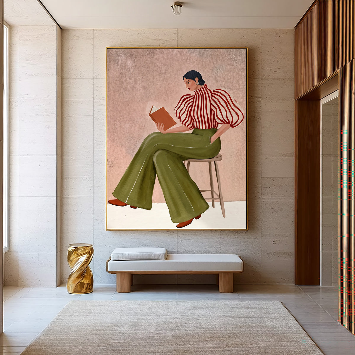 Large Textured Oil Painting Woman Reading Olive Green Trousers Fashion Wall Art