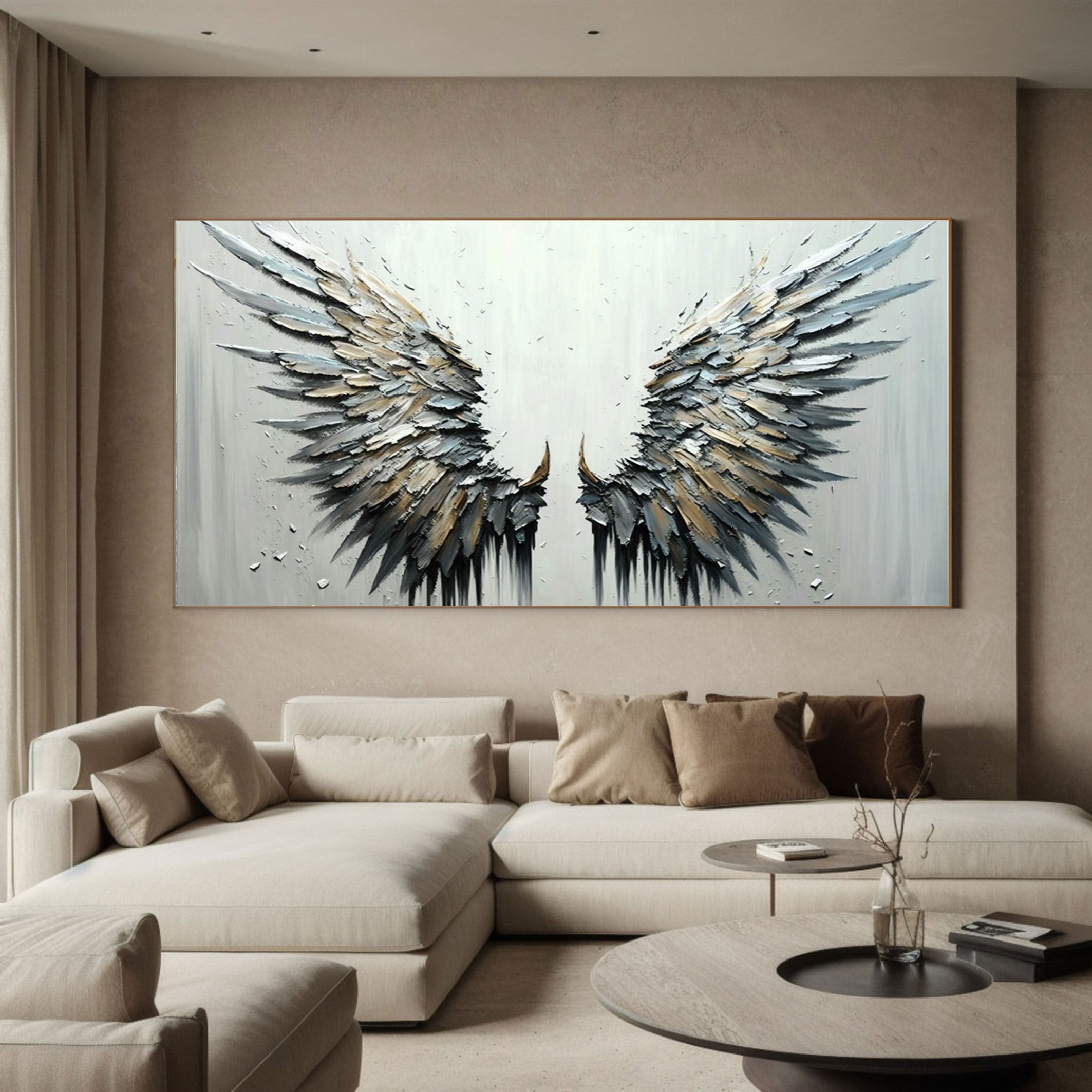 Textured Angel Wings Art - Abstract Black & White Painting