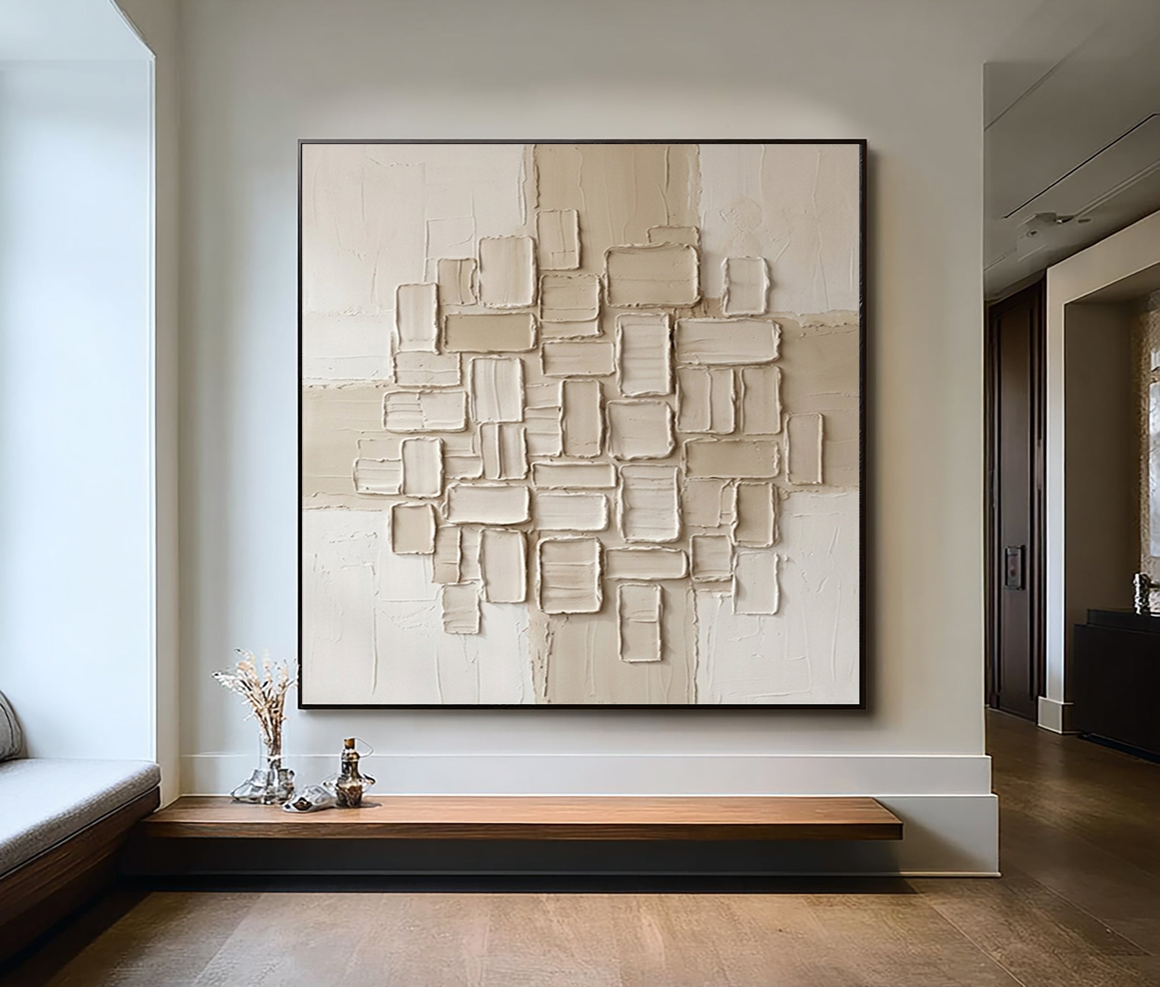 Large Architectural Tile Relief Wall Art Neutral Contemporary Textured Canvas Painting