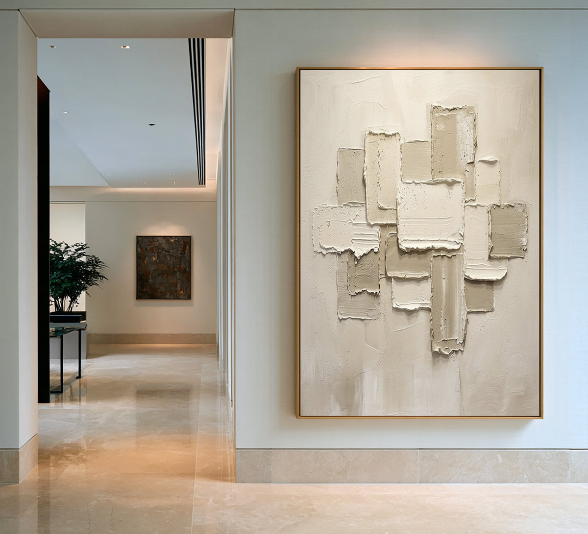 Large Modern Geometric Textured Abstract Wall Art White Beige 3D Relief Oil Painting Contemporary Sculptural Artwork Living Room Decor