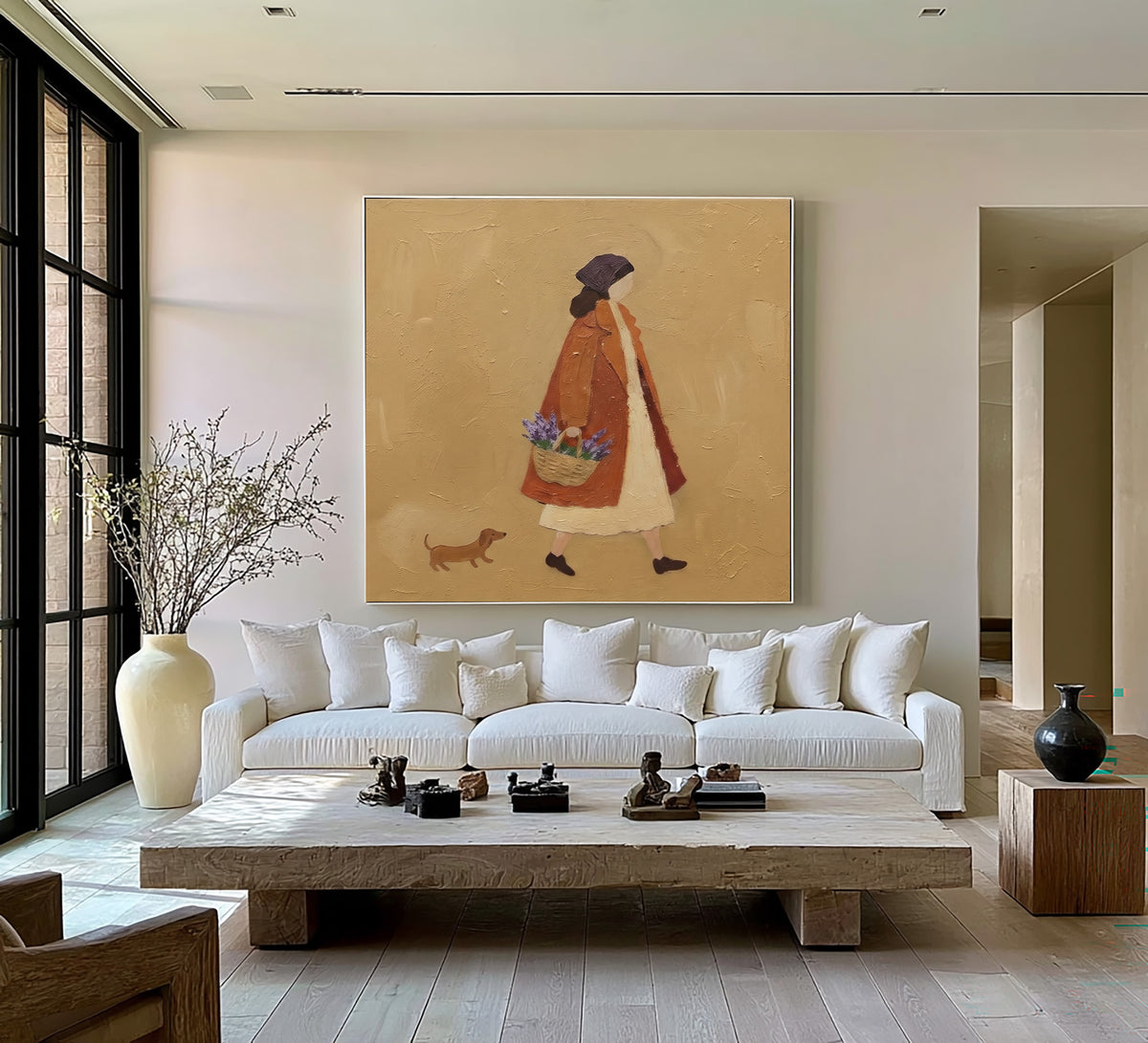 The Quiet Pleasure Of Wandering Original Figurative Painting Woman Dog Floral Basket European Interior Wall Art