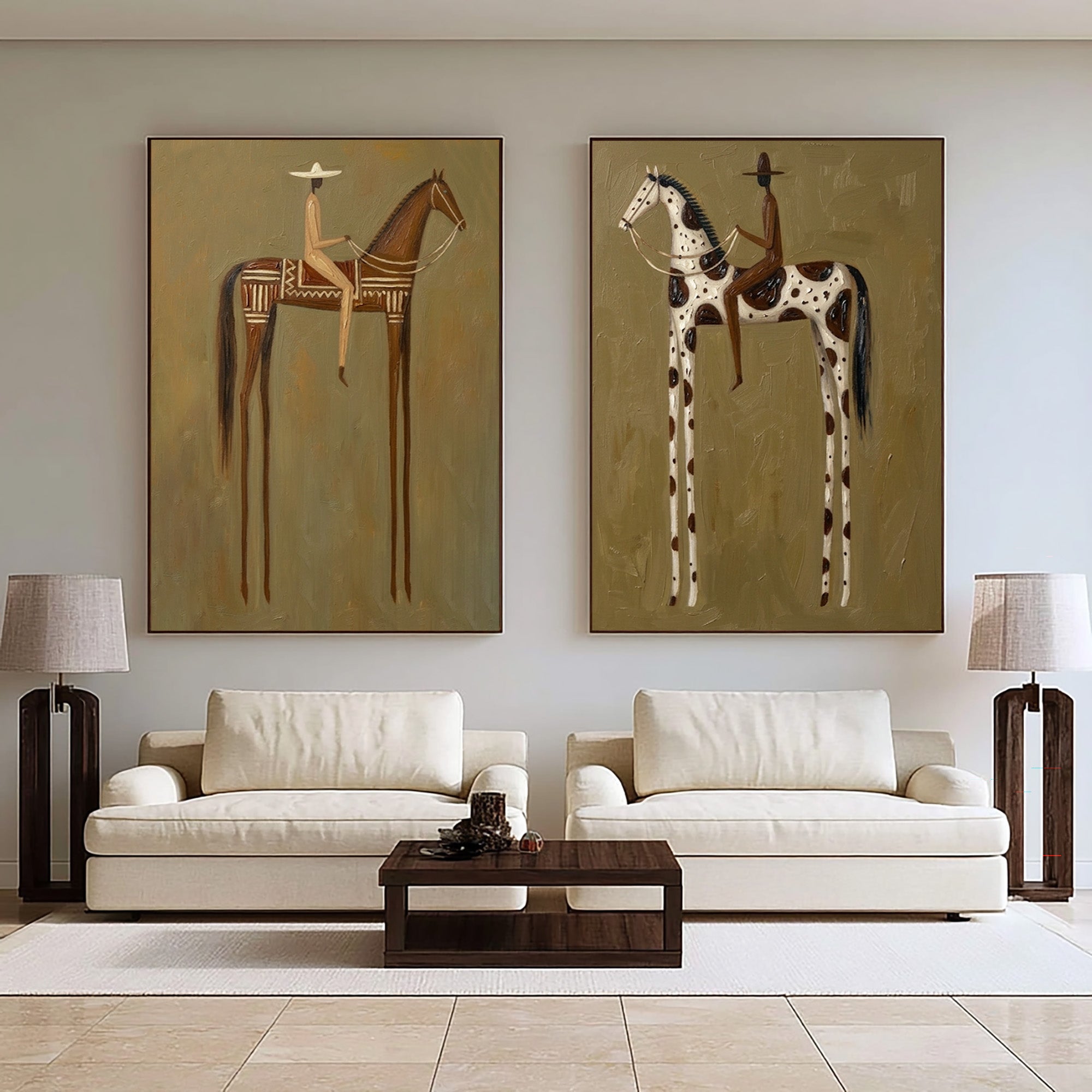 Large Cowboy Cowgirl Horse Wall Art Western Heritage Oil Painting Diptych | KeiraArt