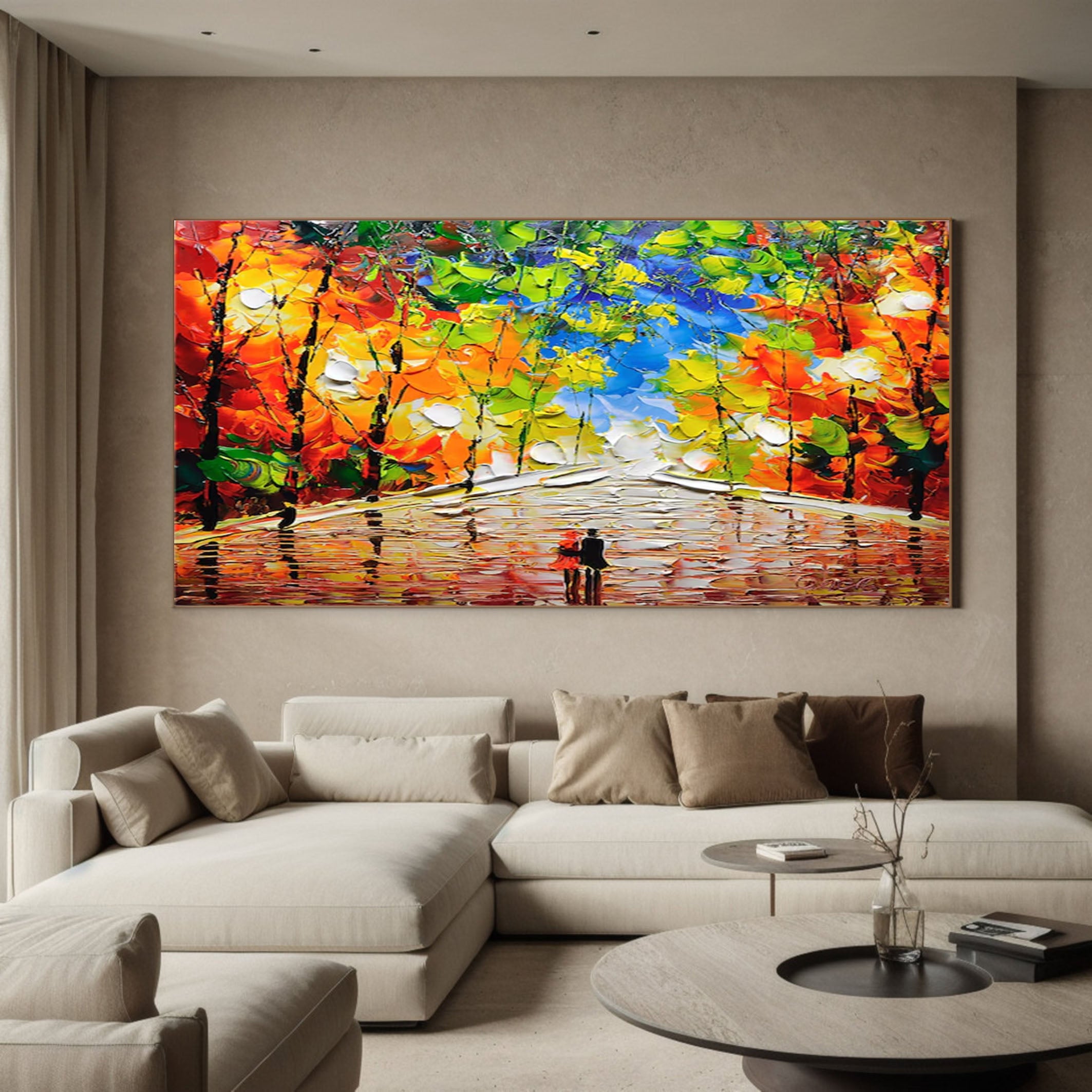 Autumn Romance Vibrant Colorful Tree and River Landscape Painting #FT 044
