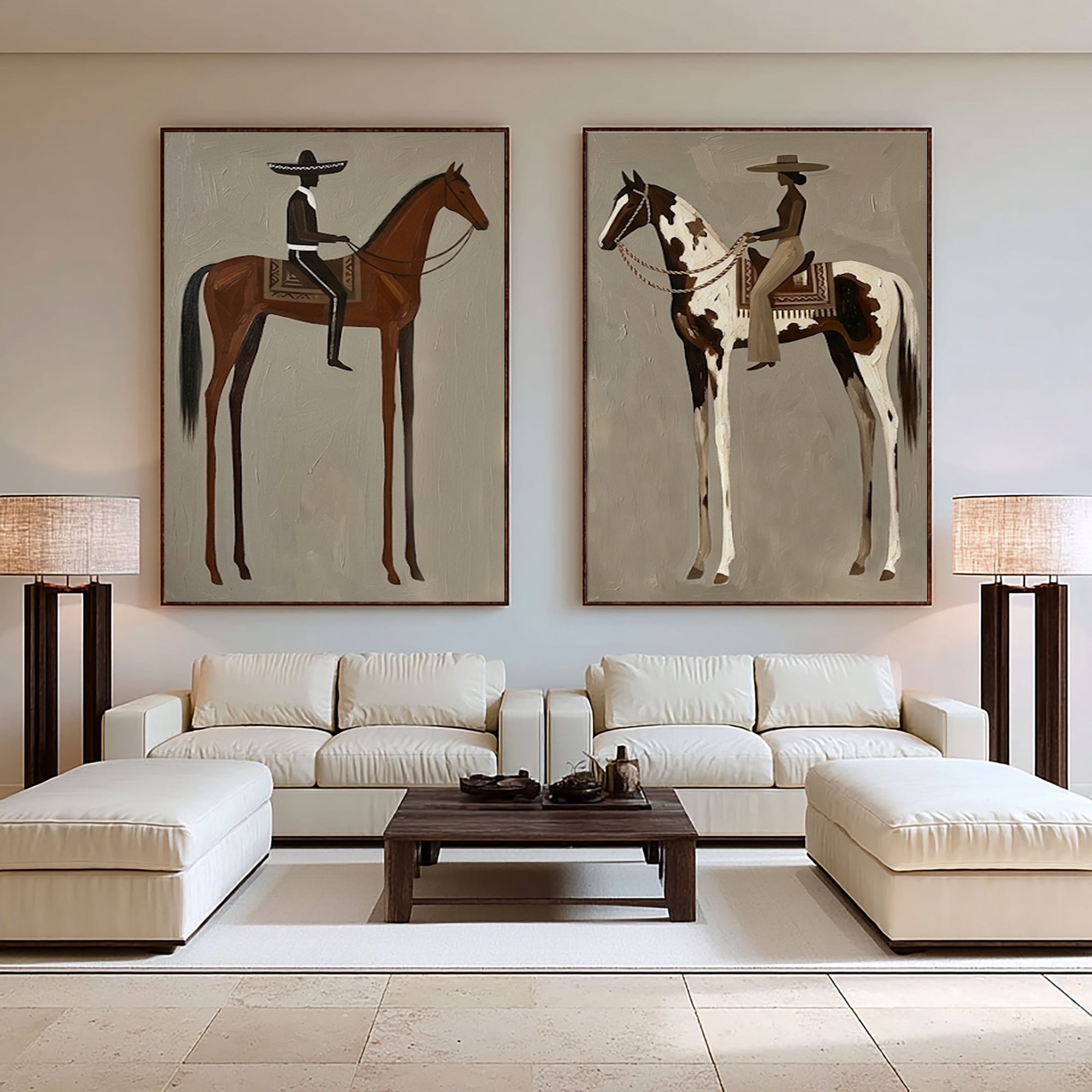 Large Cowboy Cowgirl Wall Art Western Ranch Horse Oil Painting Diptych | KeiraArt