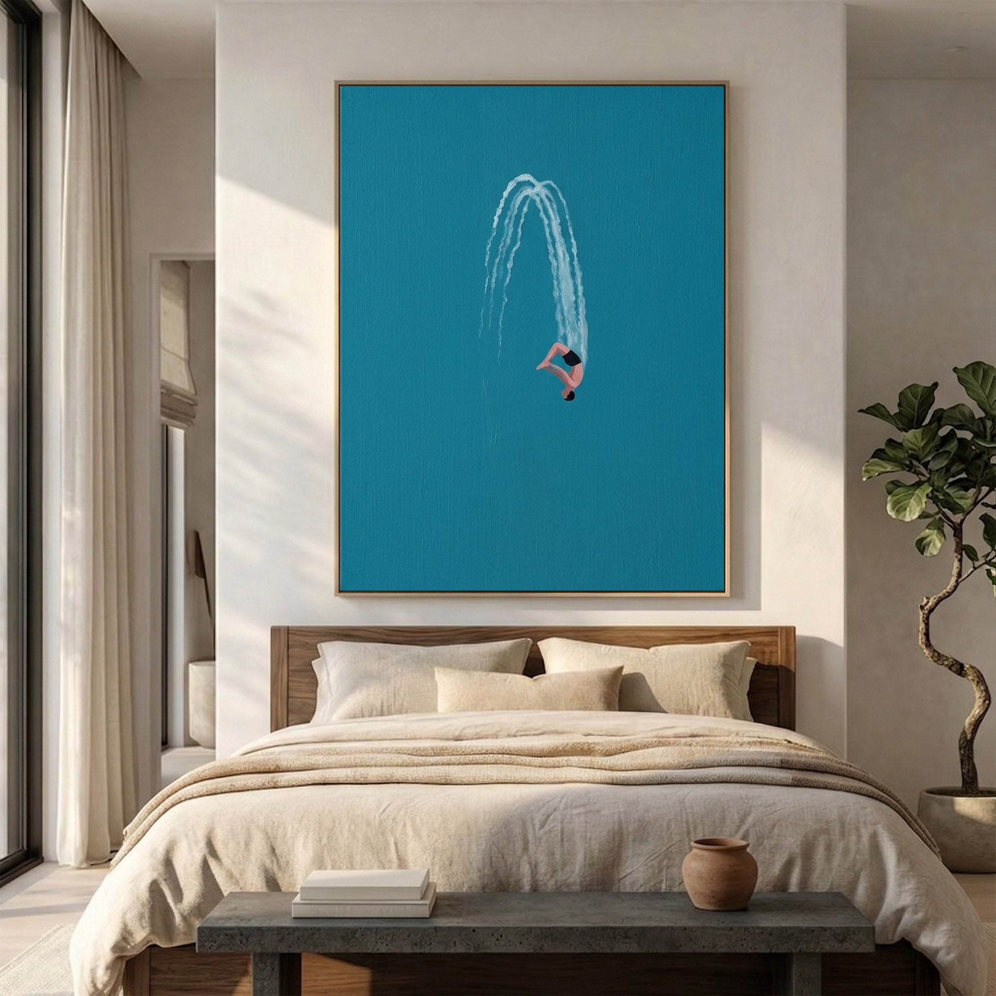 Large Contemporary Diver Wall Art Minimalist Blue Ocean Painting