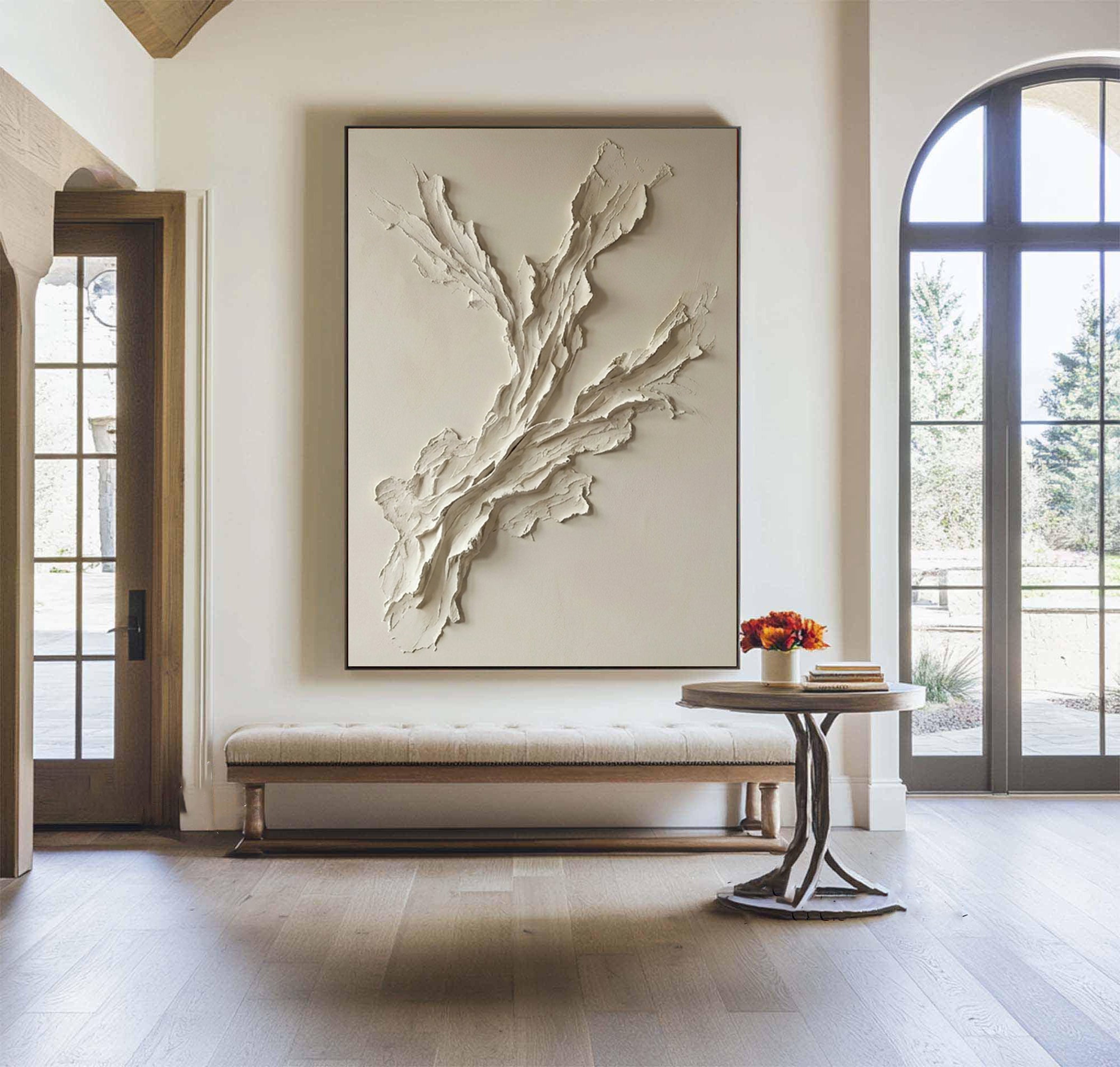 Large Abstract Neutral Oil Painting with Sculptural Branch Texture Design