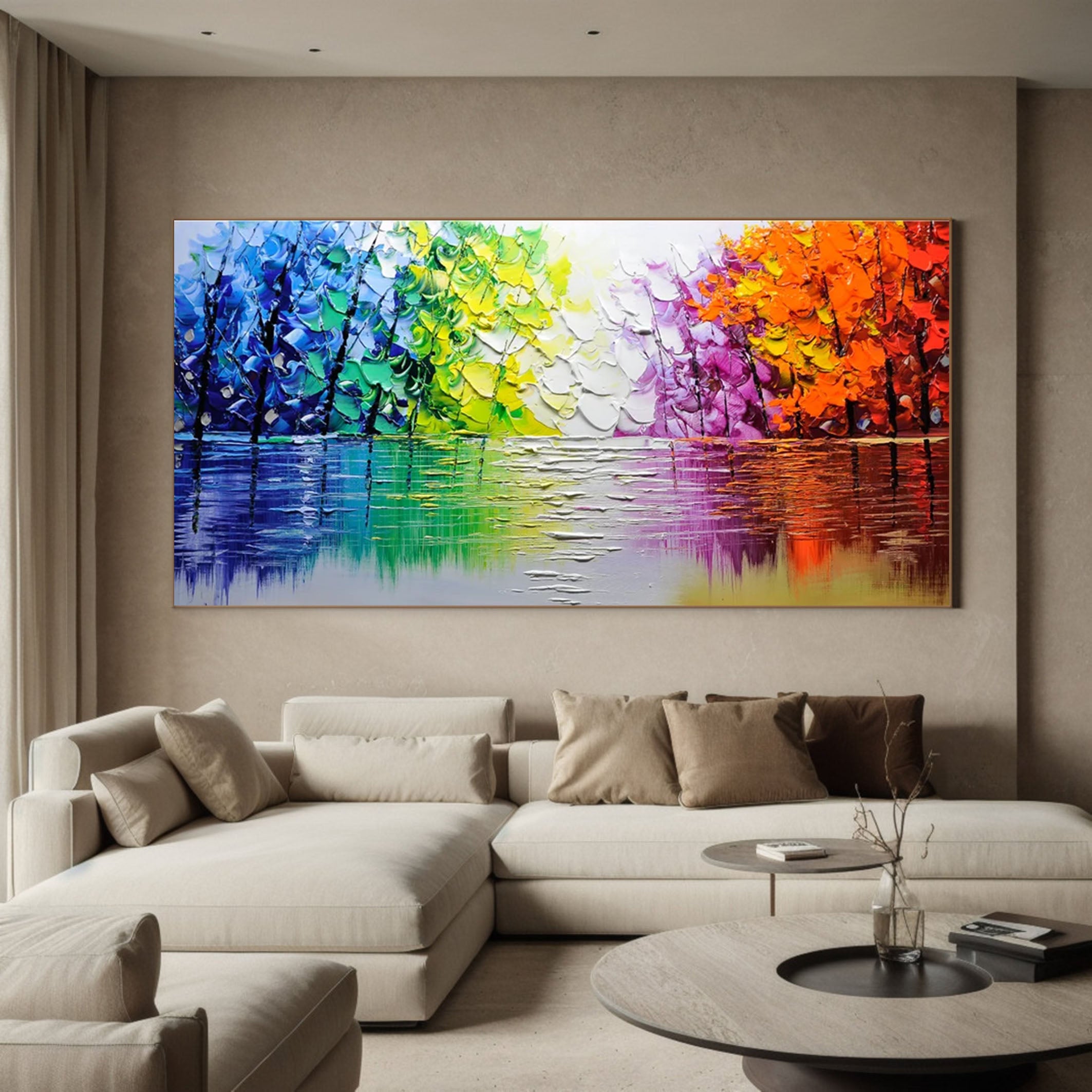 Autumn Romance Vibrant Colorful Tree and River Landscape Painting #FT 046