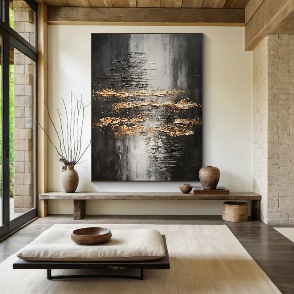 Large Metallic Gold & Black Abstract Wall Art #AP 102