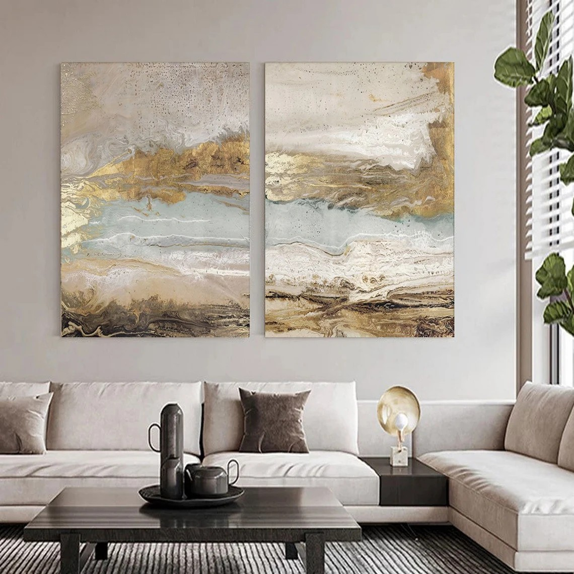 Abstract Textured Landscape Beige Wall Art Set of 2 #AP 118
