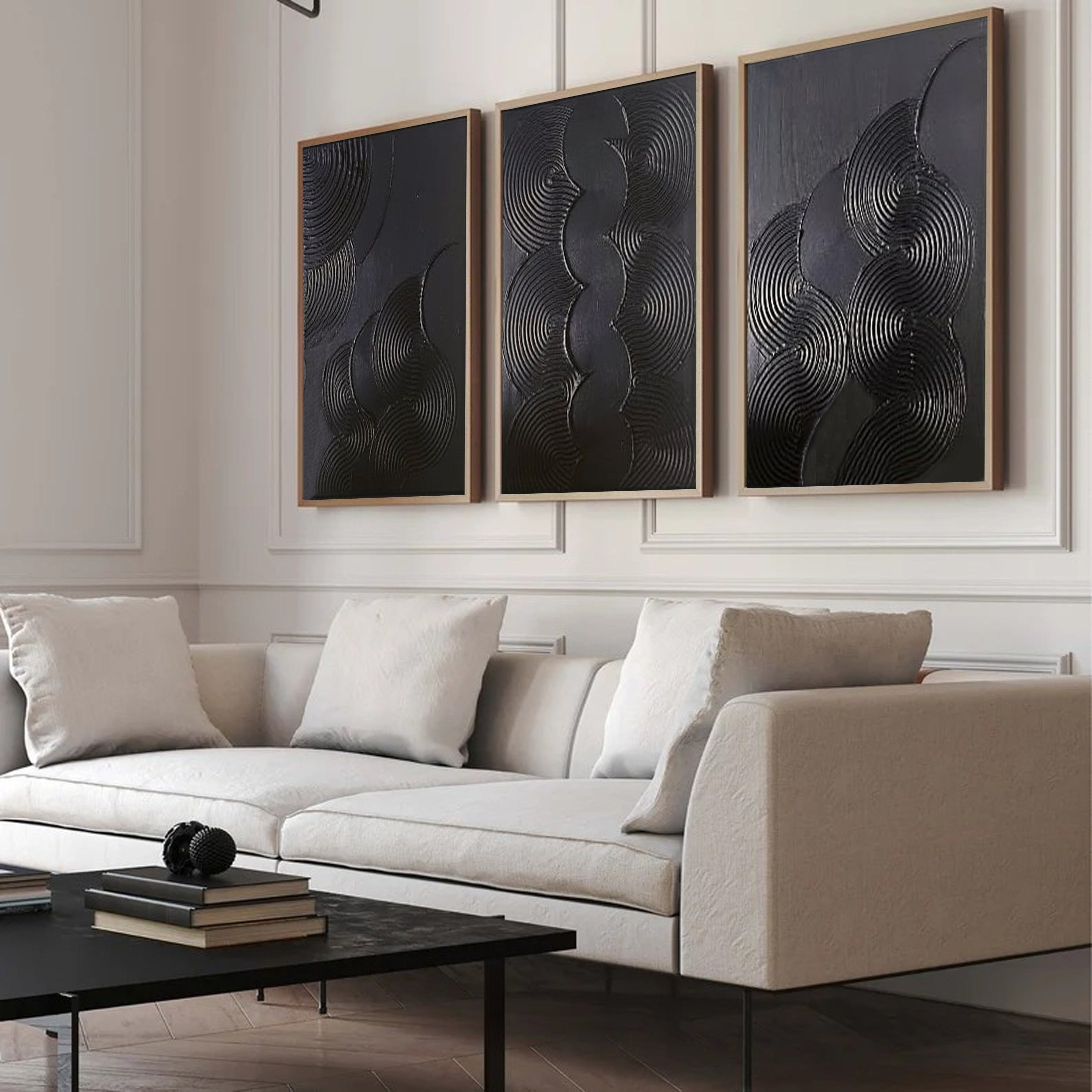 Mystic Rhythms Trio of Black Textured Abstract Paintings #MMAS 063