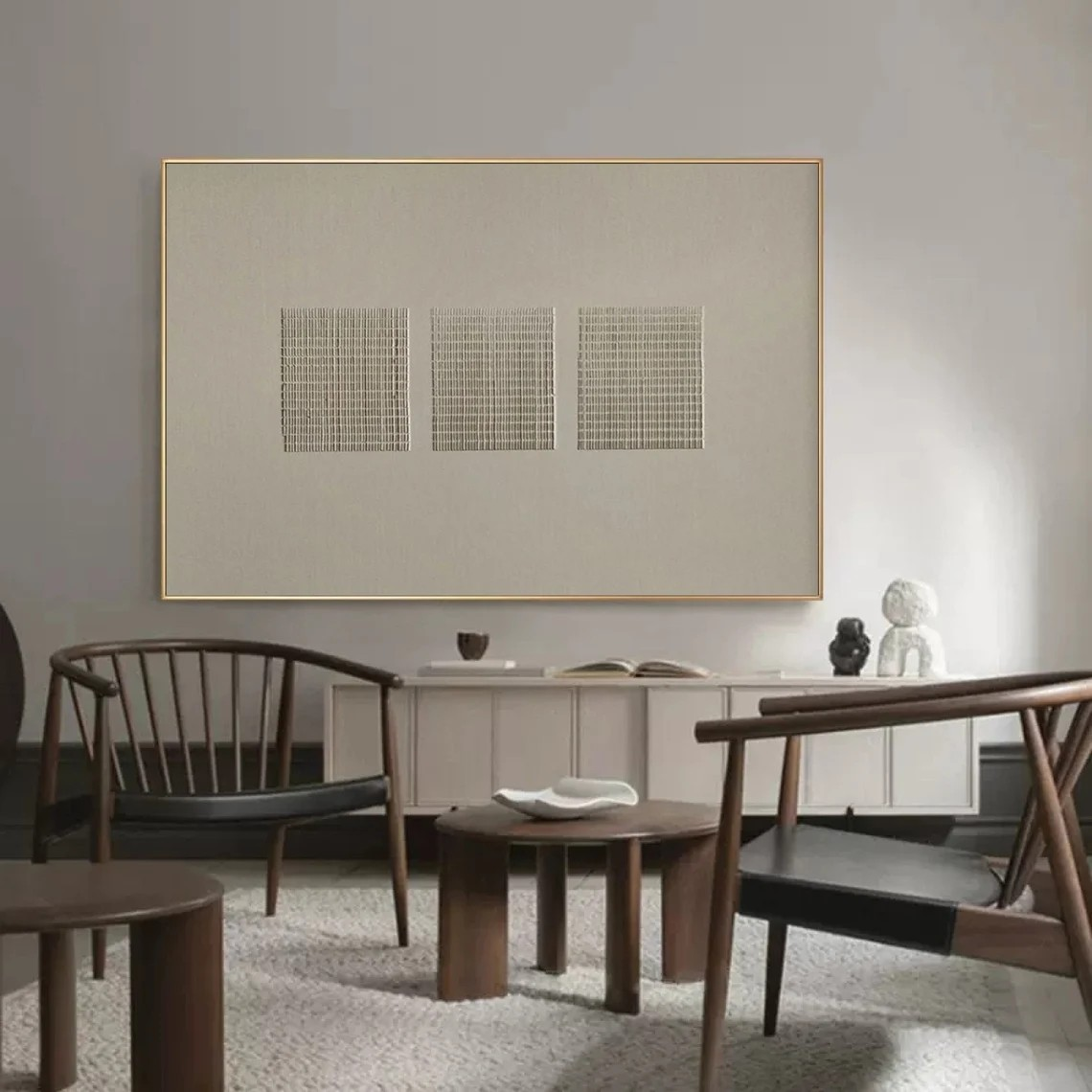 Beige Grid Abstract Painting - Wabi Sabi Canvas Art #AP 122