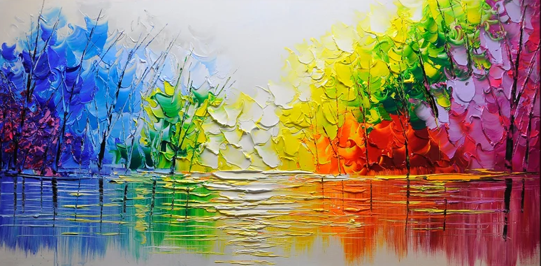 Autumn Romance Vibrant Colorful Tree and River Landscape Painting #FT 048