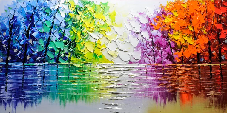 Autumn Romance Vibrant Colorful Tree and River Landscape Painting #FT 046