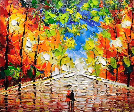 Autumn Romance Vibrant Colorful Tree and River Landscape Painting #FT 044