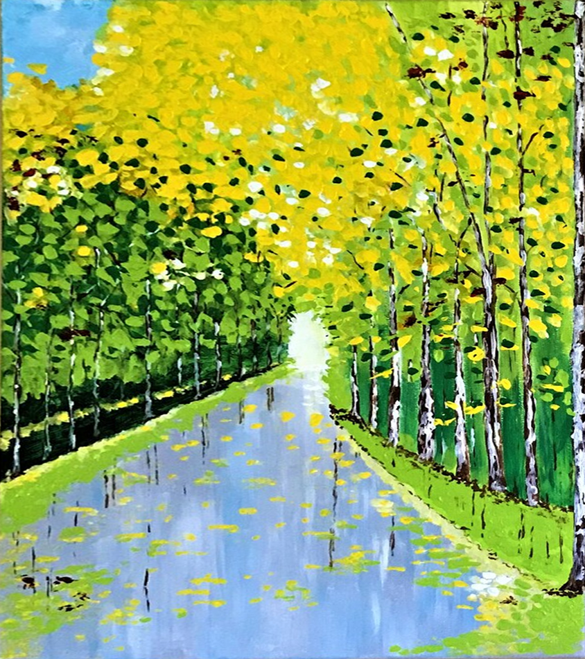 Autumn Romance Vibrant Colorful Tree and River Landscape Painting #FT 049