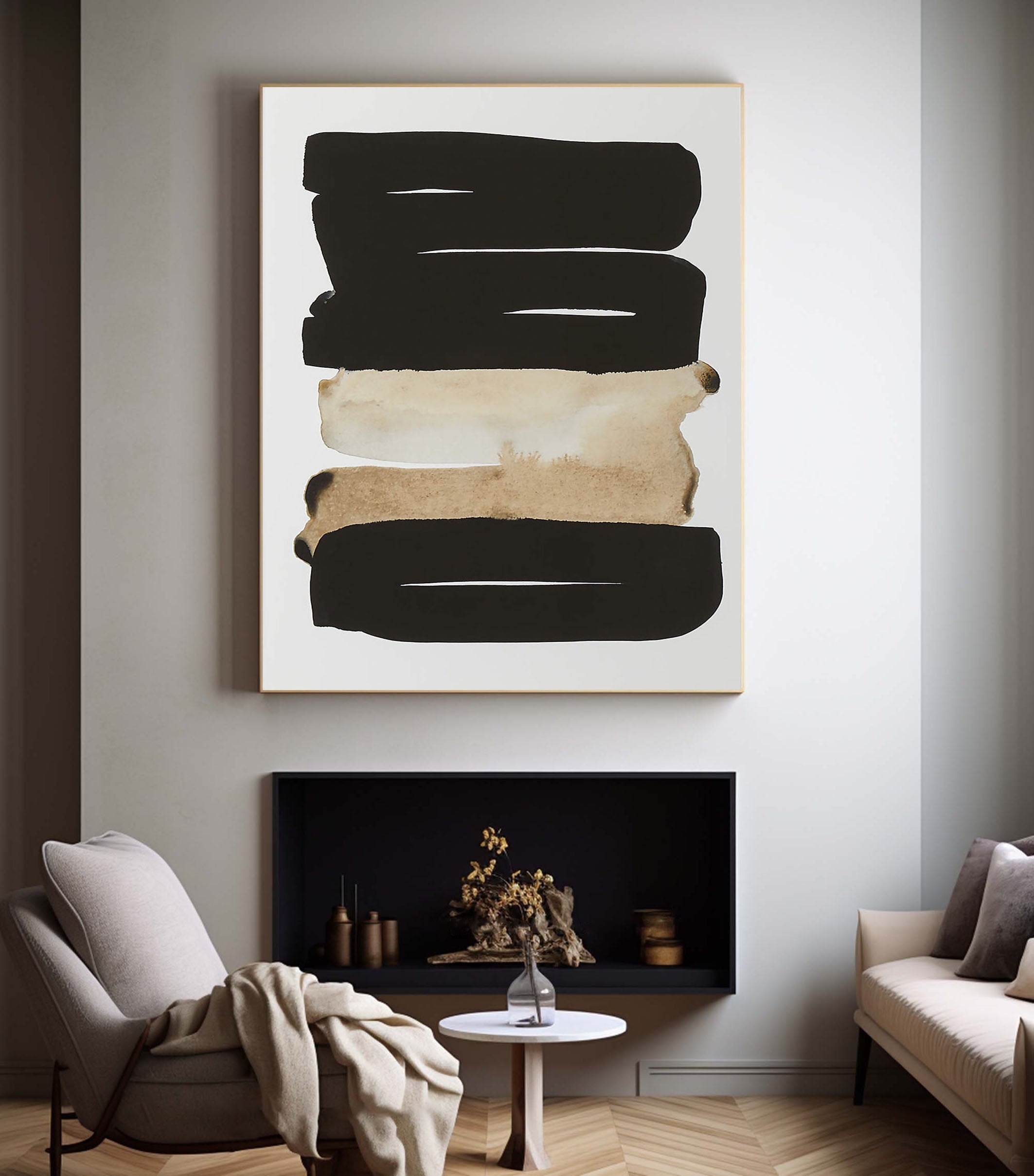Horizontal Stripes Abstract - Black Beige Canvas Art #MMA 191