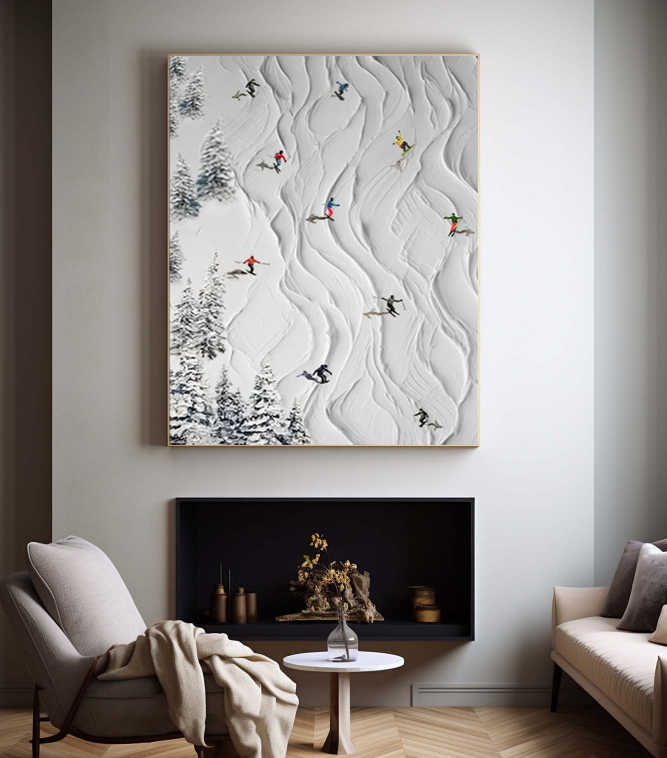 Winter Skiing Scene Wall Art Textured Canvas for Modern Mountain Home Decor #ASP 005