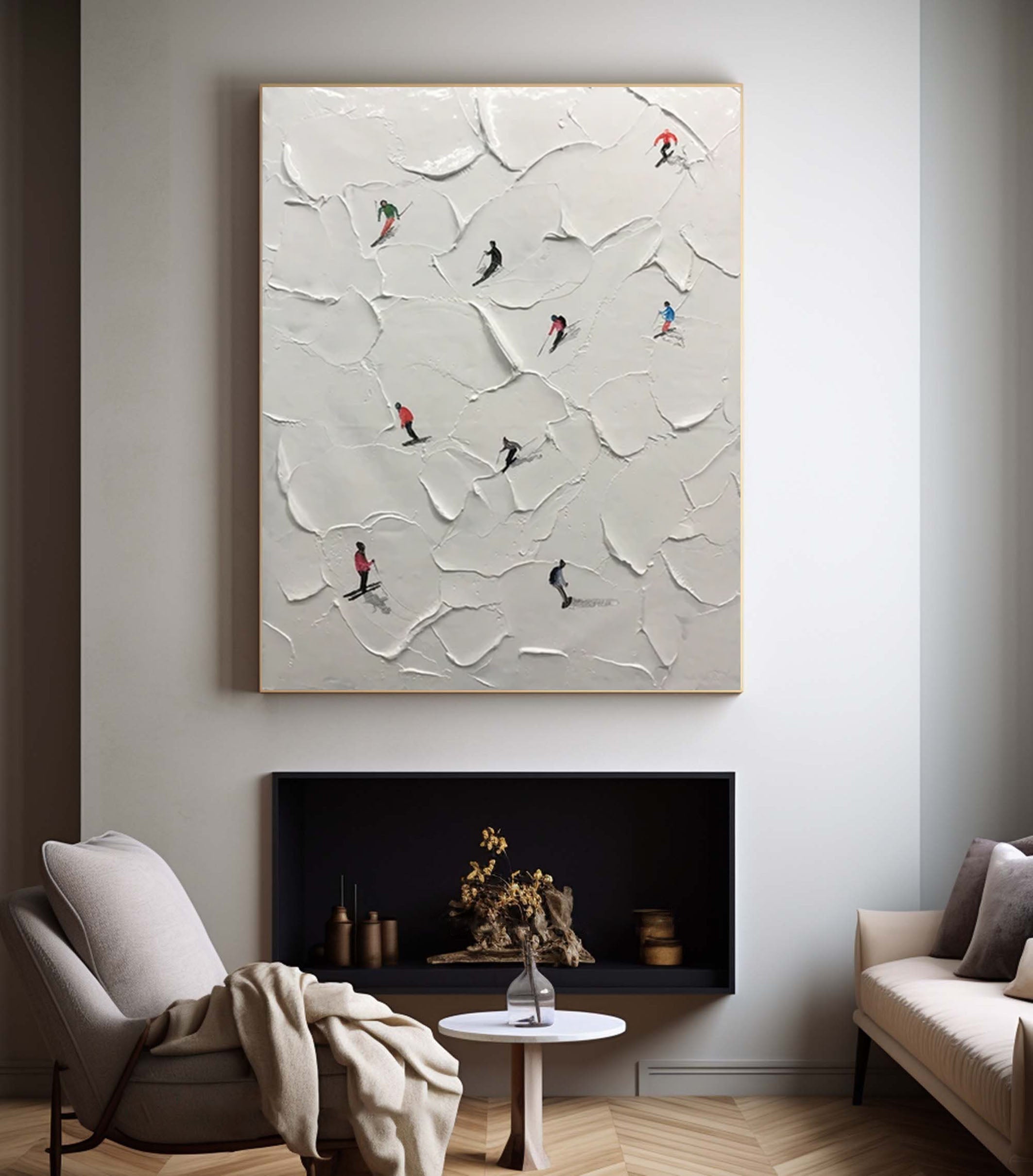 Winter Skiing Scene Wall Art Textured Canvas for Modern Mountain Home Decor #ASP 006