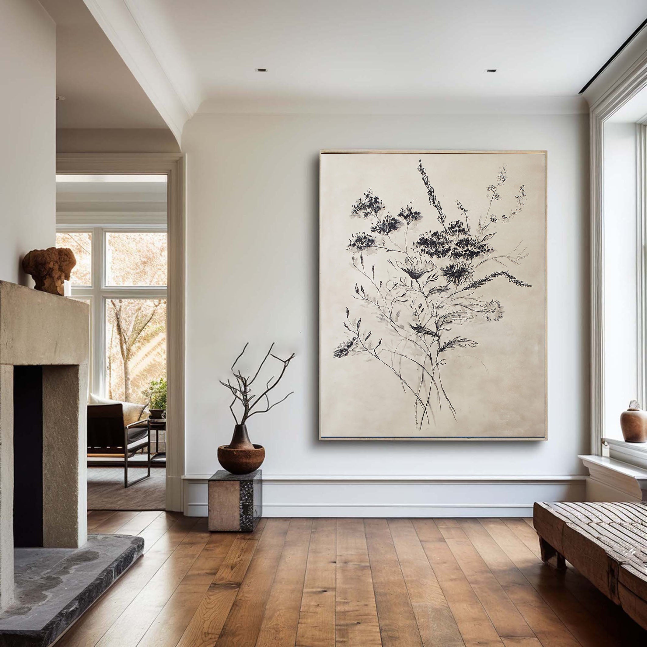 Minimalist Floral Black & White Canvas Art #FT 060
