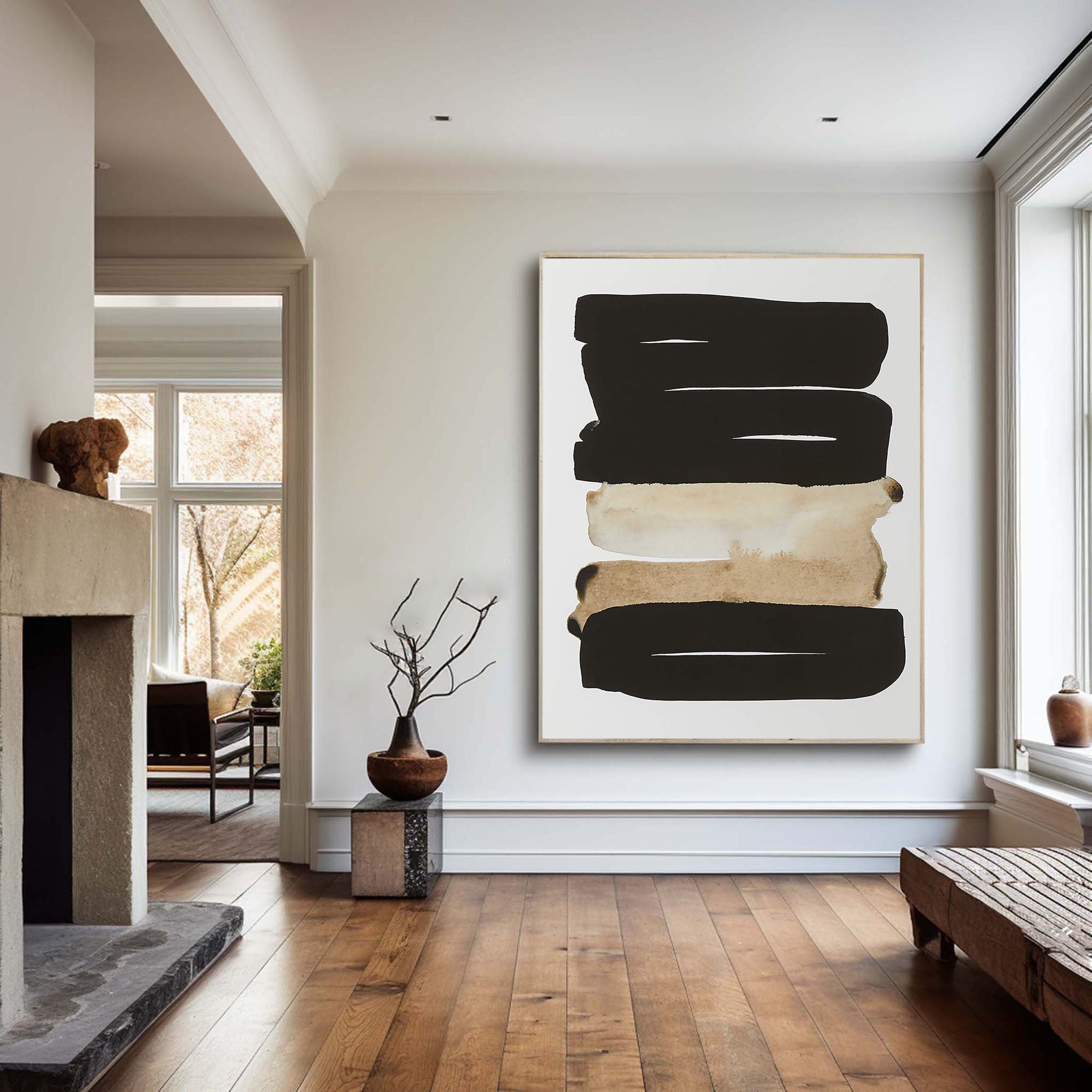 Horizontal Stripes Abstract - Black Beige Canvas Art #MMA 191