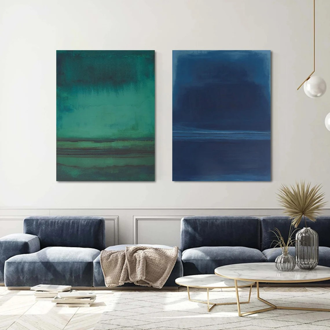 Teal and Navy Blue Abstract Art Set of 2 for Modern Wall Decor #AP 084