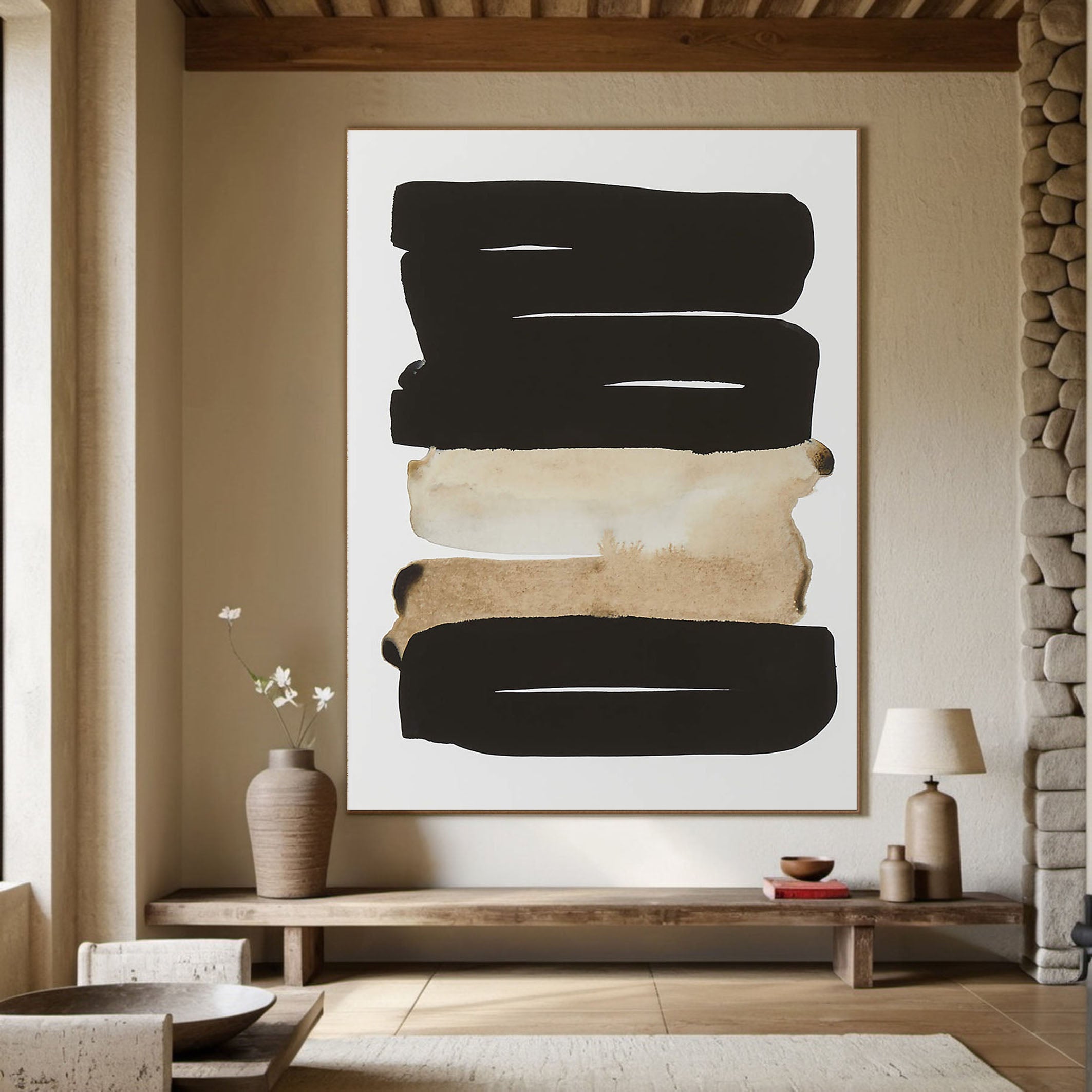 Horizontal Stripes Abstract - Black Beige Canvas Art