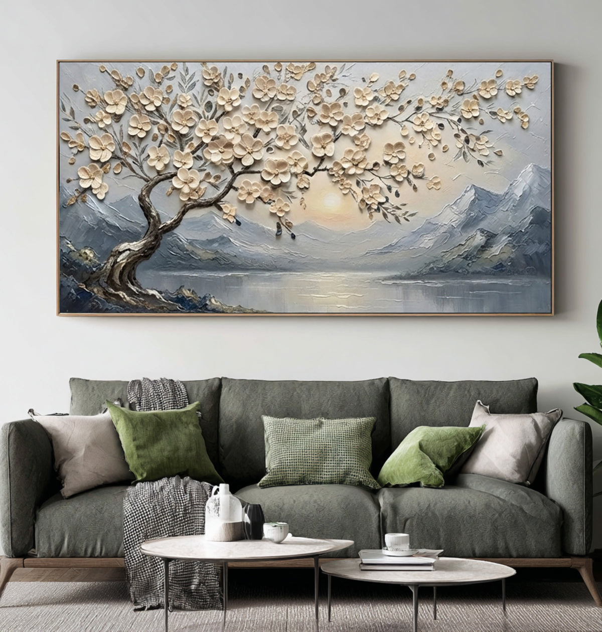 Large Textured Blossom Tree Painting Peaceful Mountain Lake Wall Art