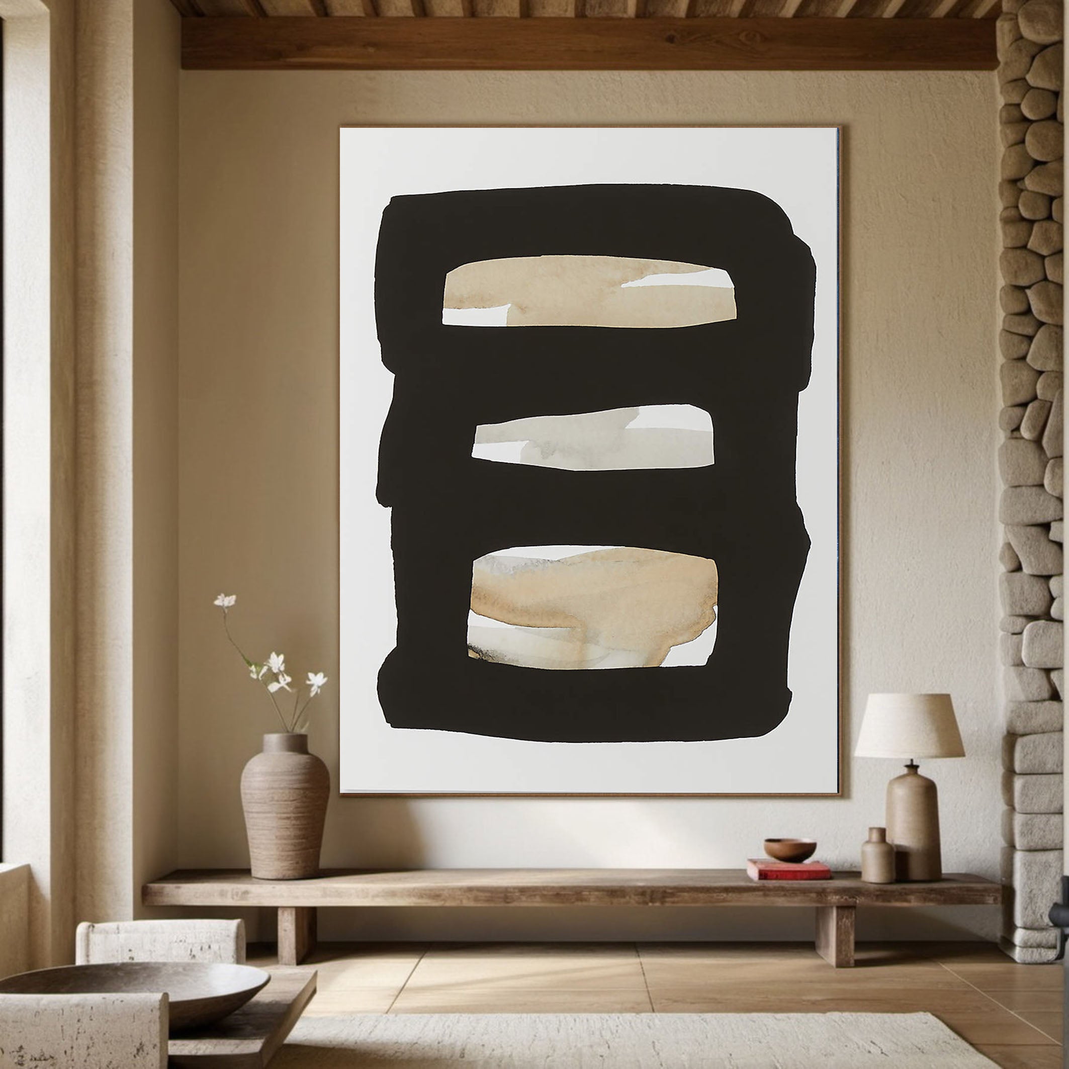 Horizontal Stripes Abstract - Black Beige Canvas Art