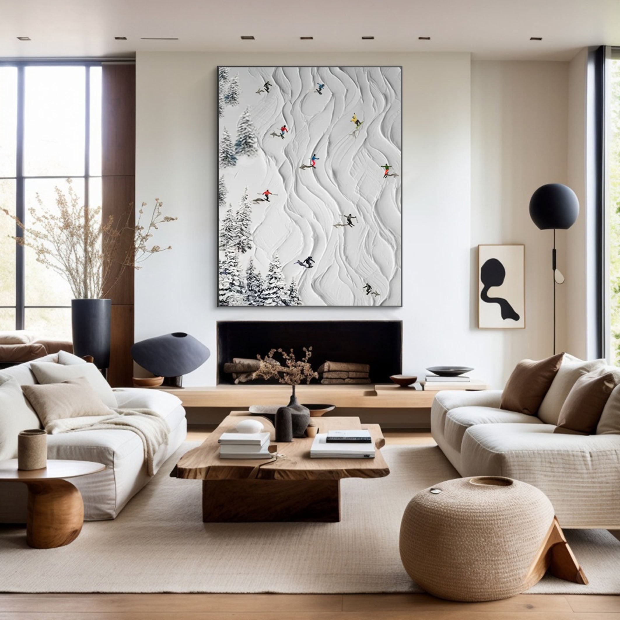 Winter Skiing Scene Wall Art Textured Canvas for Modern Mountain Home Decor #ASP 005