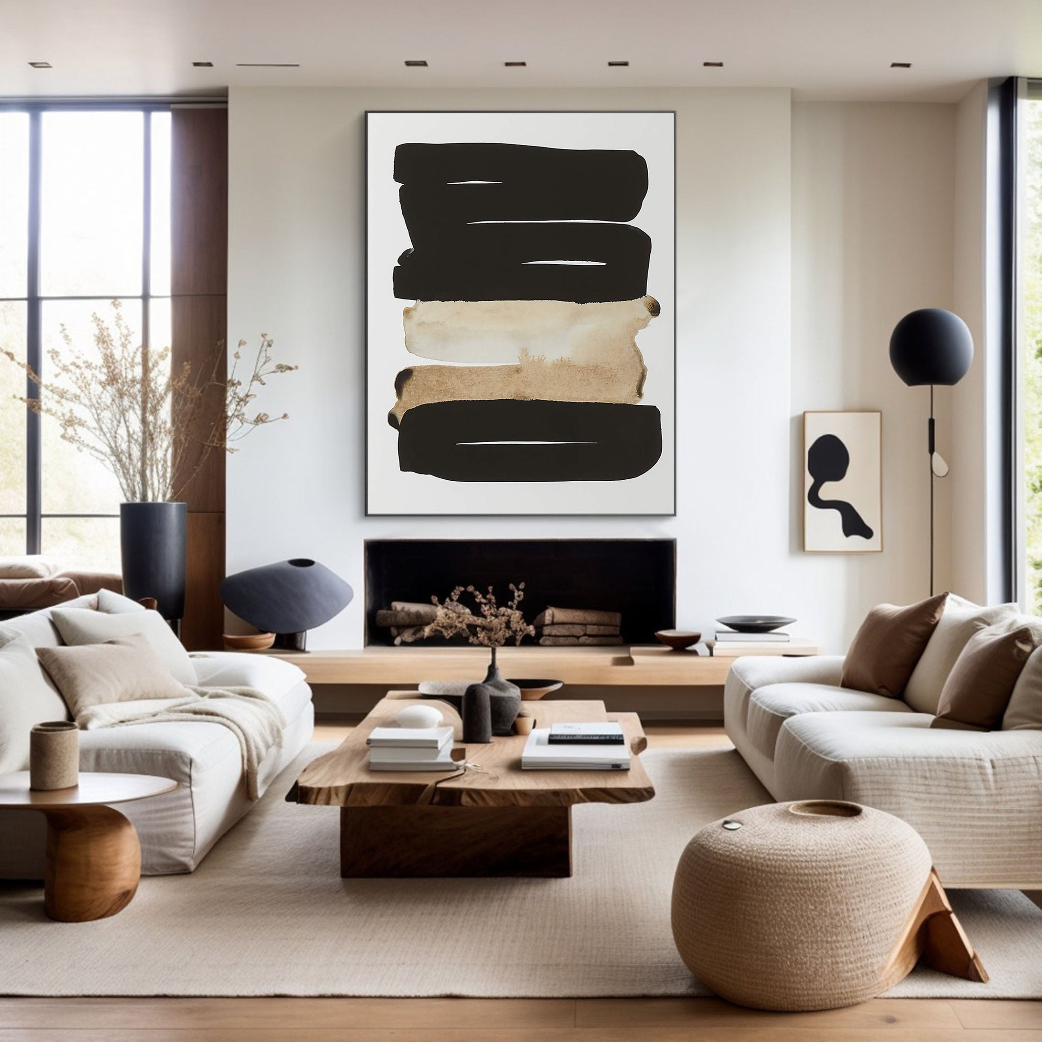 Horizontal Stripes Abstract - Black Beige Canvas Art #MMA 191