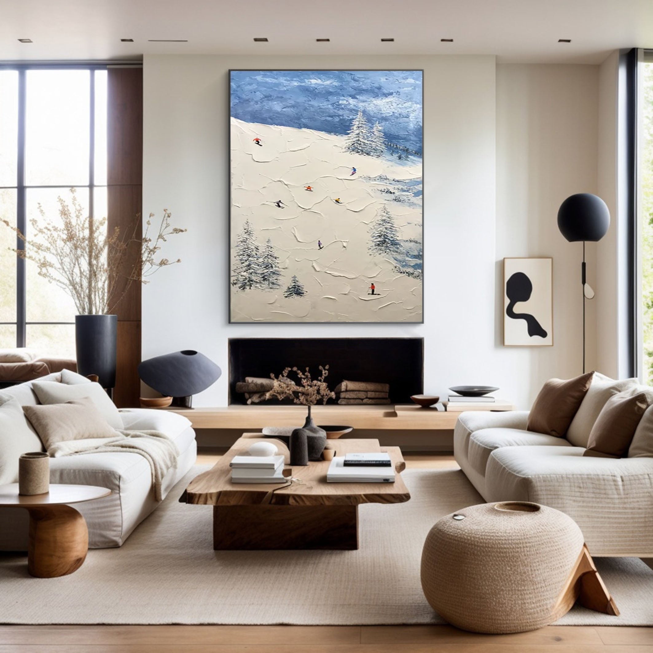 Winter Skiing Scene Wall Art Textured Canvas for Modern Mountain Home Decor #ASP 007
