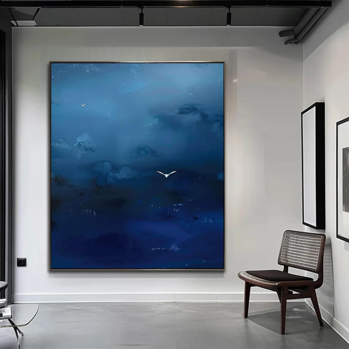 Abstract Sky Canvas Art Deep Blue Wall Decor with Birds #AP 076
