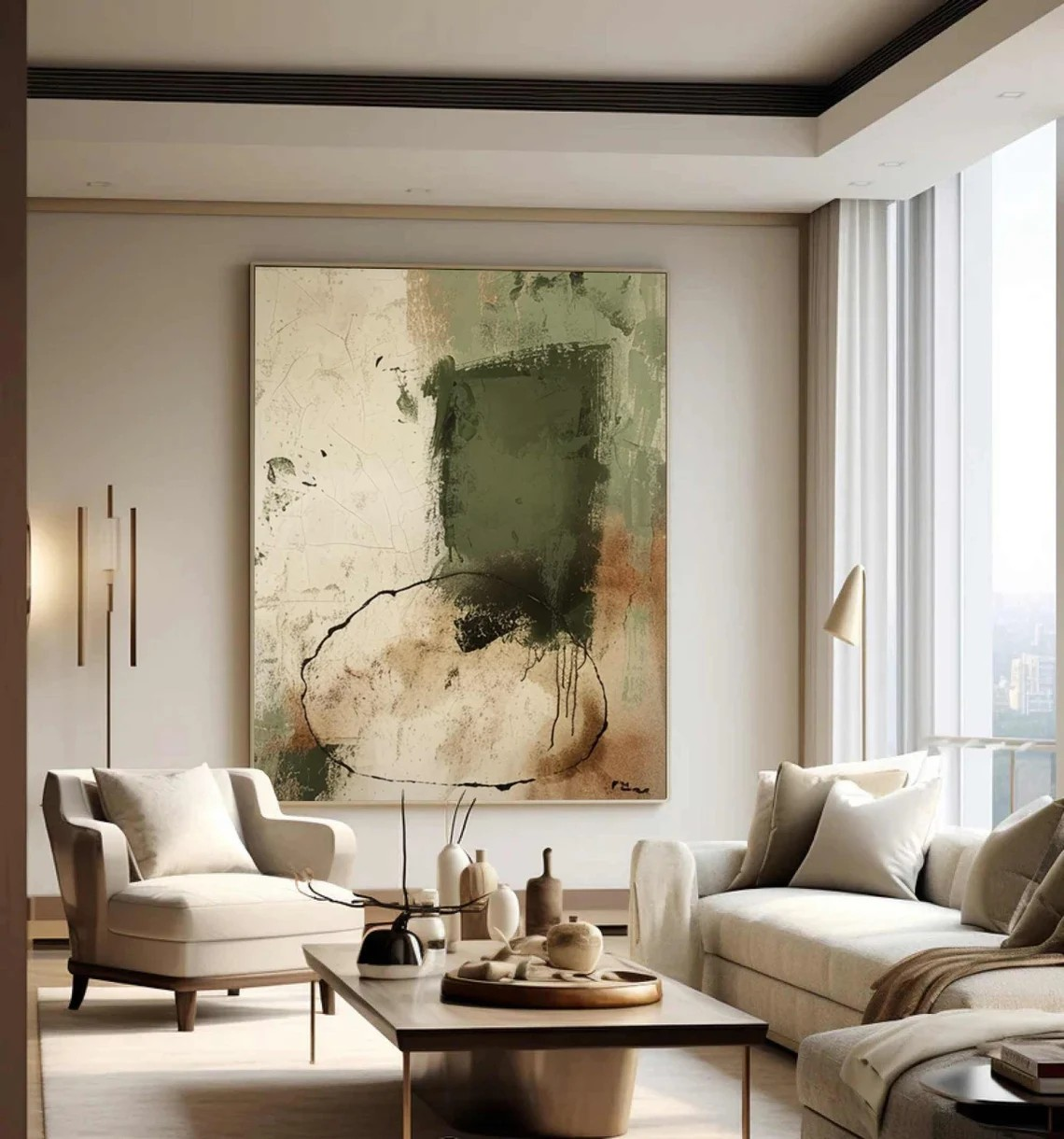 Abstract Green and Beige Wall Art Contemporary Wall Decor #AP 124