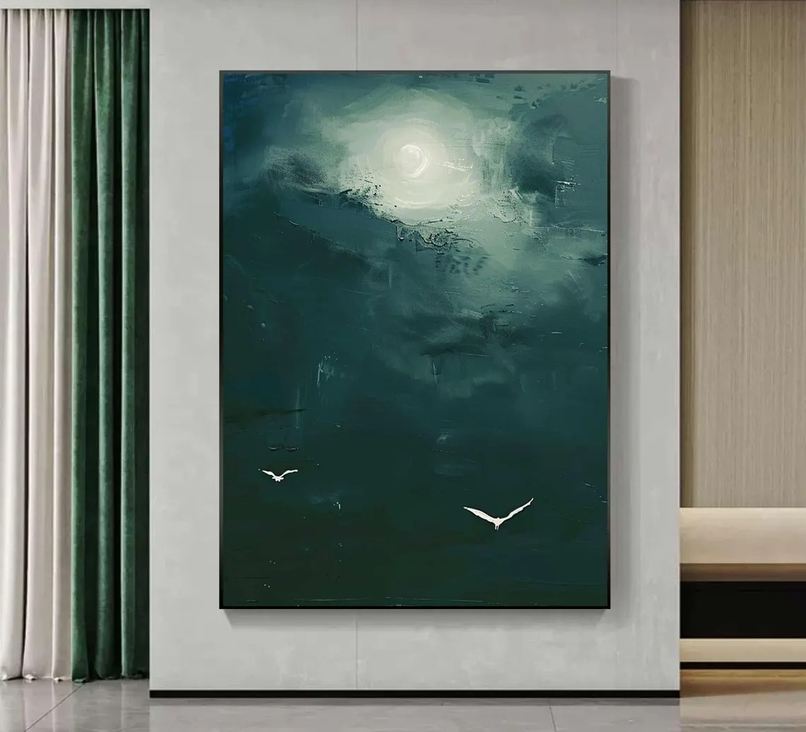Moonlight & Birds Abstract Canvas Deep Green Wall Art #AP 077