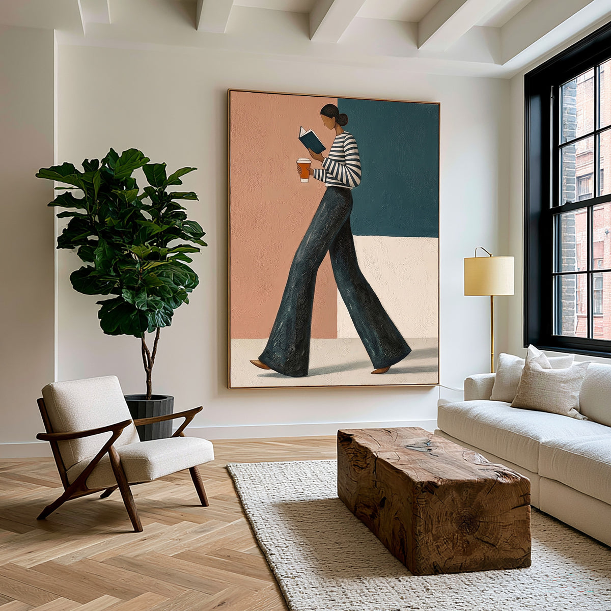 Contemporary Female Figure Painting Striped Shirt Coffee Wall Art