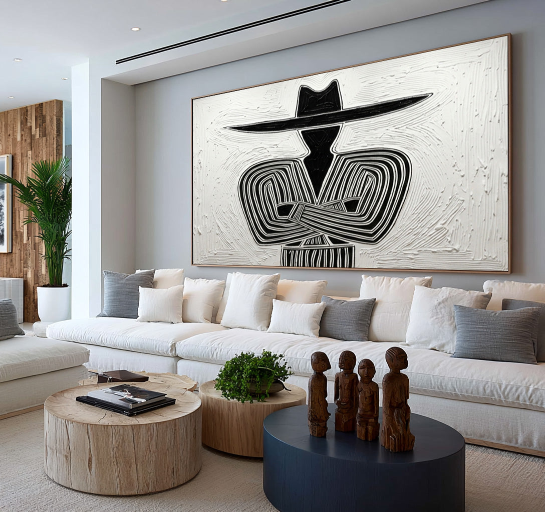 Large Textured Western Cowboy Painting Black White Rustic Wall Art