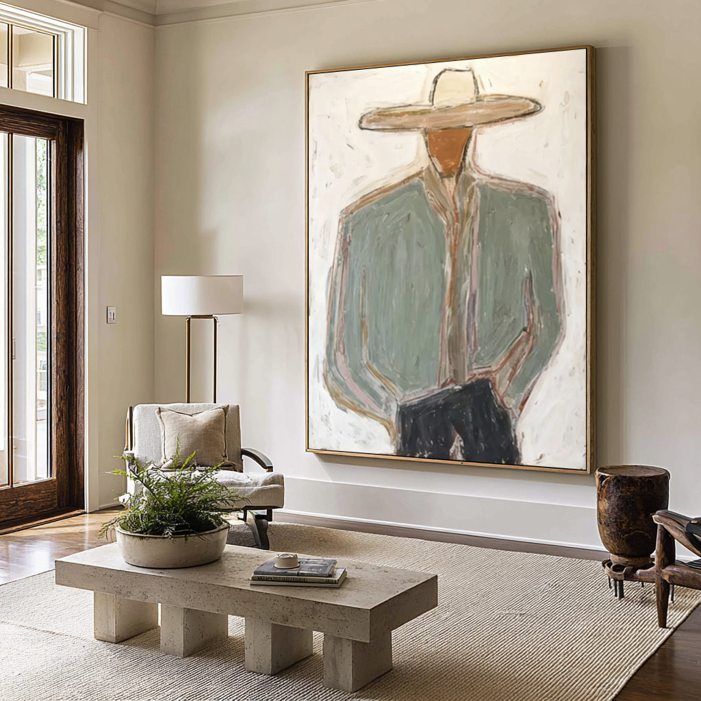 Contemporary Western Cowboy Portrait Painting Large Neutral Wall Decor