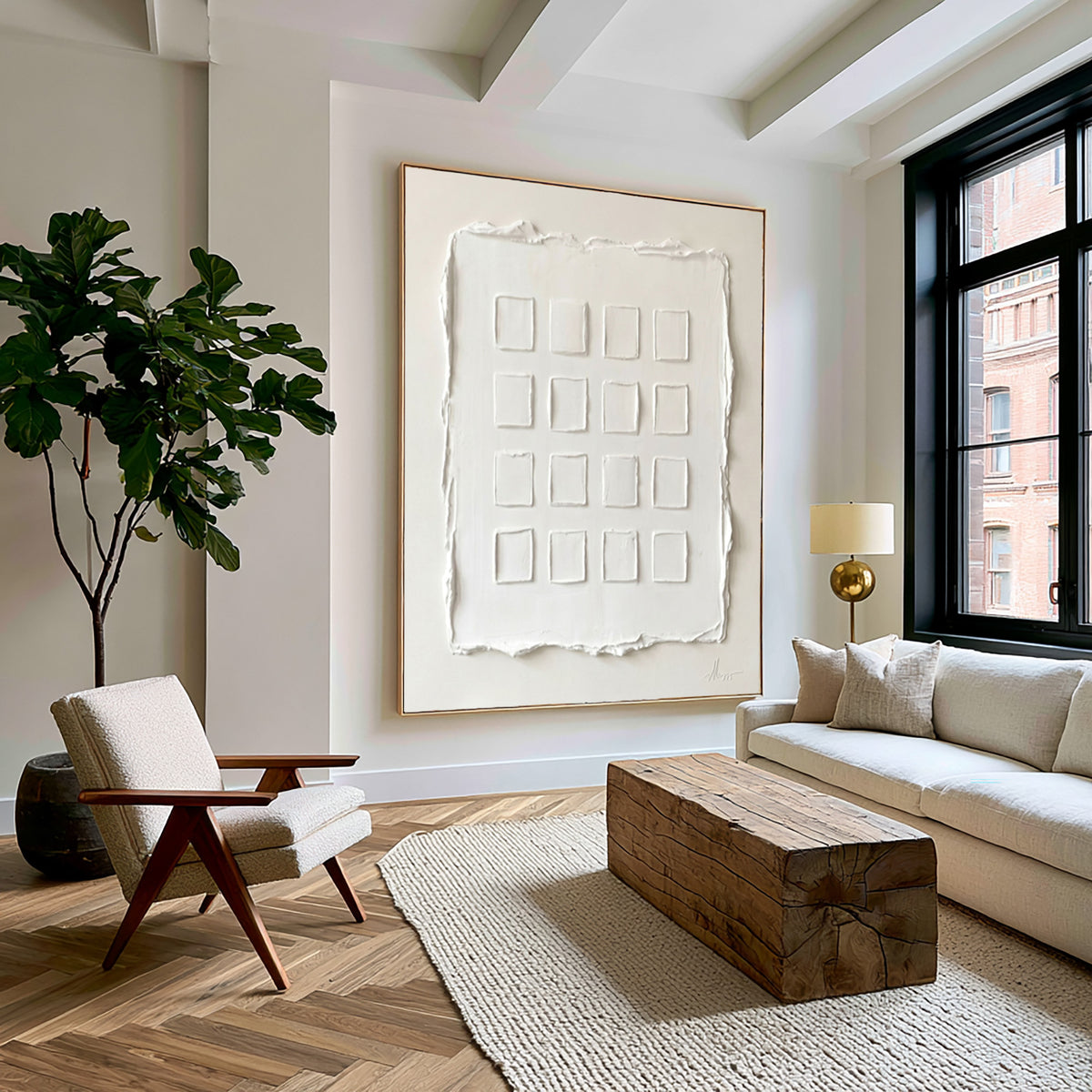 Large Minimal Geometric Relief Wall Art Ivory White Textured Abstract Painting Modern Home Decor