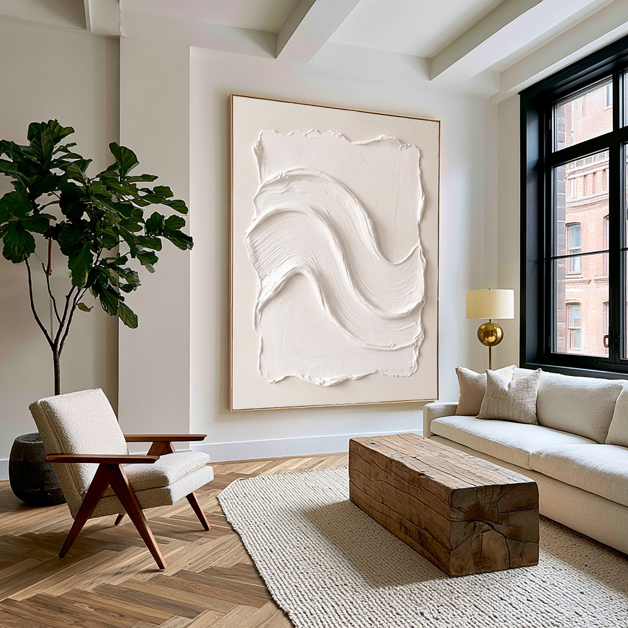 Large Minimalist White Wall Art Textured Oil Painting Abstract Wave Relief Artwork Modern Neutral Interior Decor