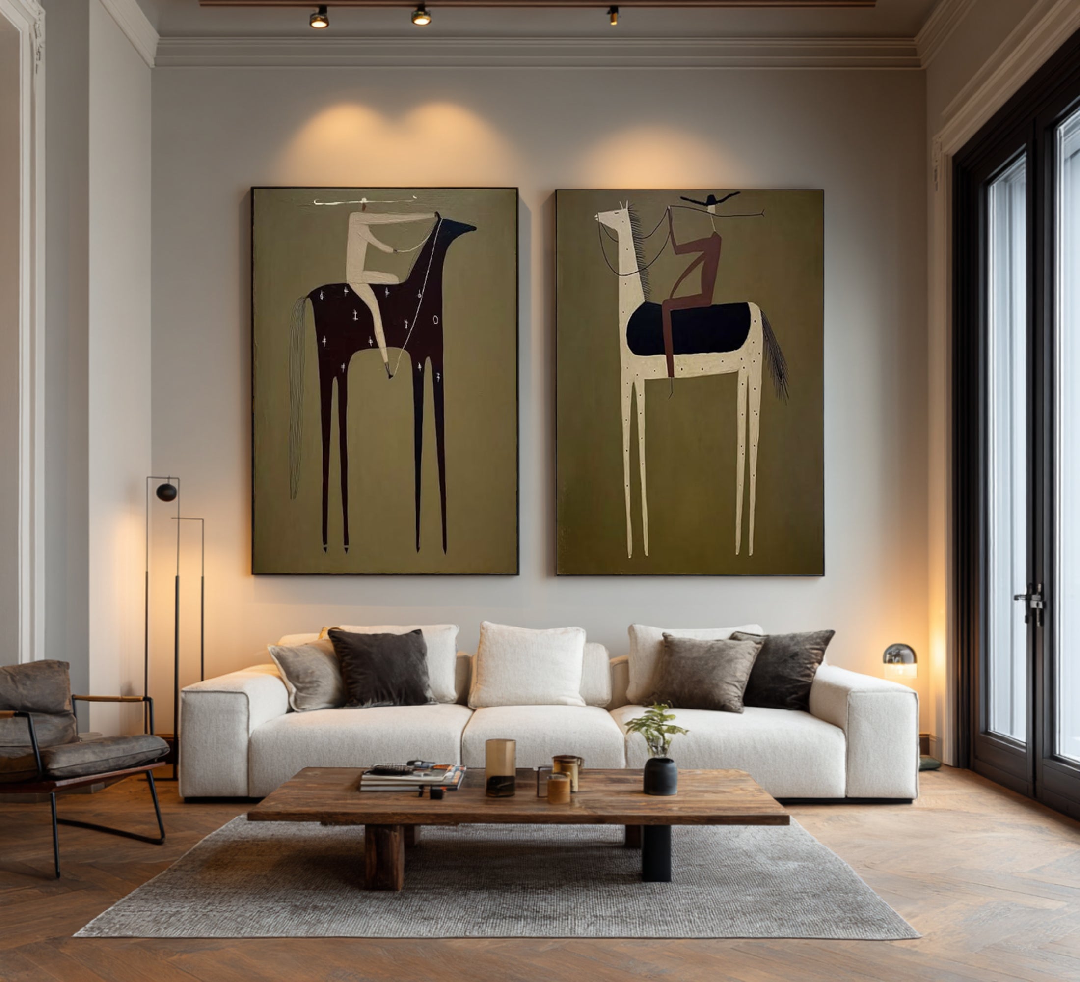 Large Olive Green Horse Wall Art Contemporary Equestrian Diptych | KeiraArt
