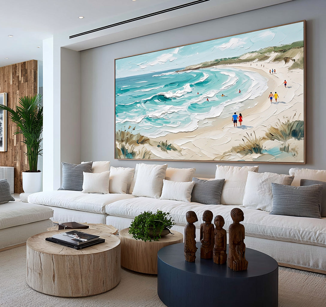 Large Textured Ocean Painting White Sea Foam Turquoise Waves Beach Wall Art