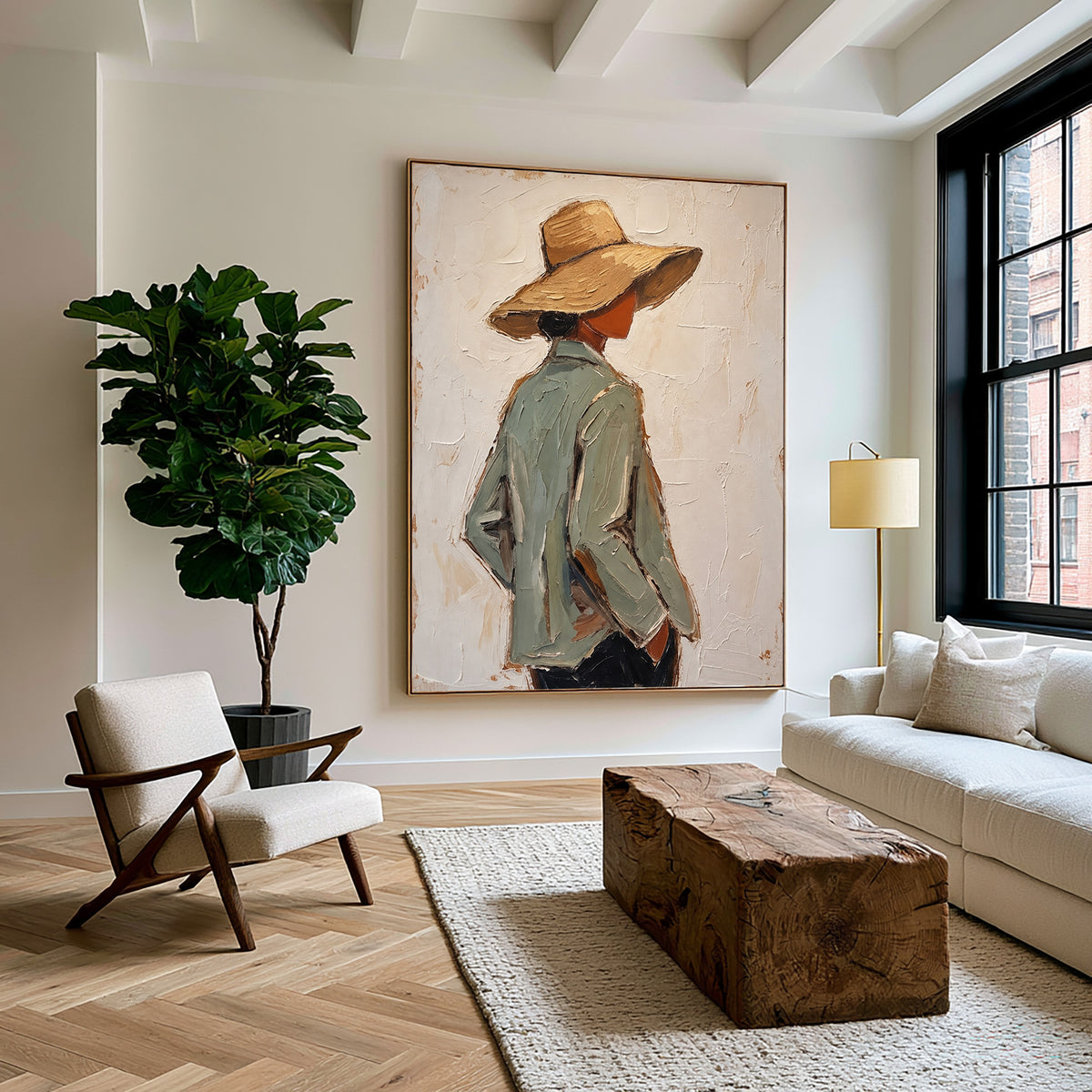 Large Textured Western Oil Painting Modern Cowboy Hat Portrait Wall Art