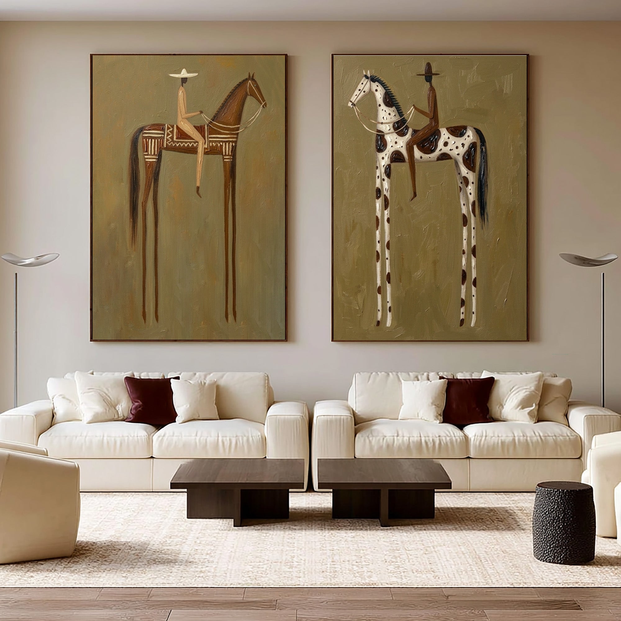Large Cowboy Cowgirl Horse Wall Art Western Heritage Oil Painting Diptych | KeiraArt