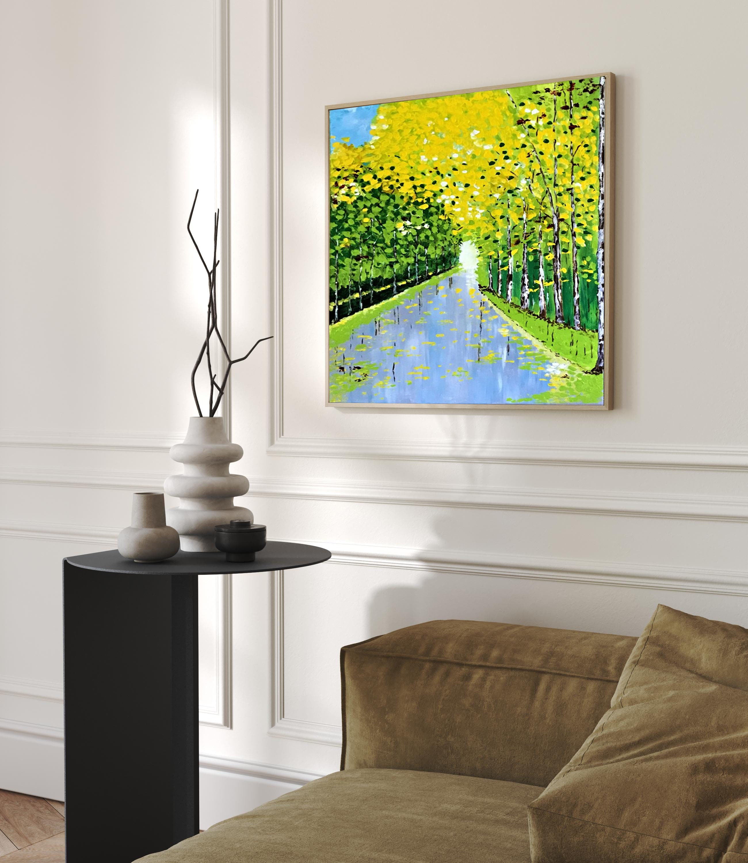 Autumn Romance Vibrant Colorful Tree and River Landscape Painting #FT 049