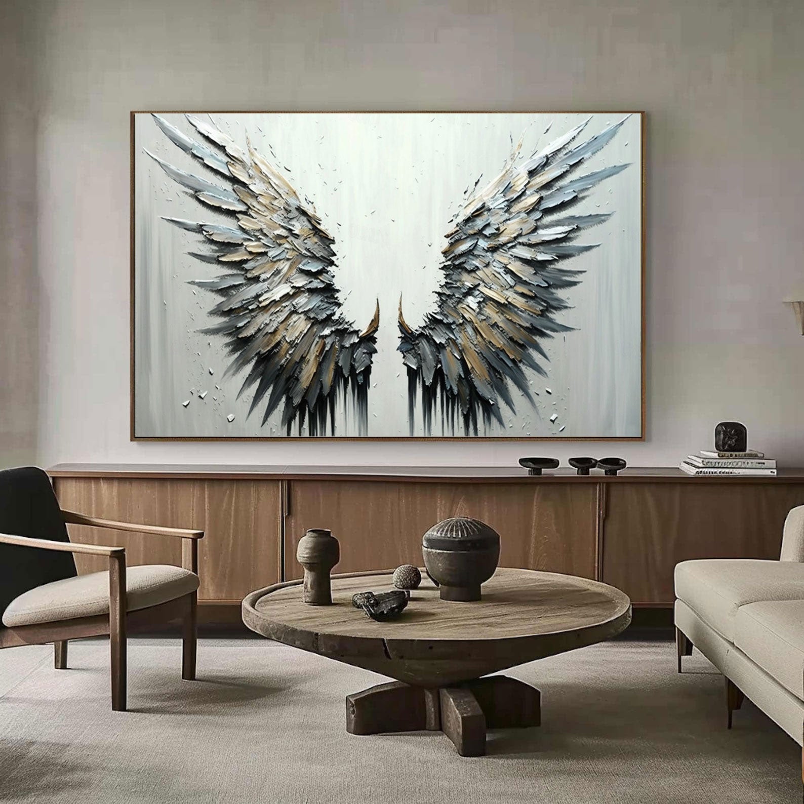 Textured Angel Wings Art - Abstract Black & White Painting #MMA 189