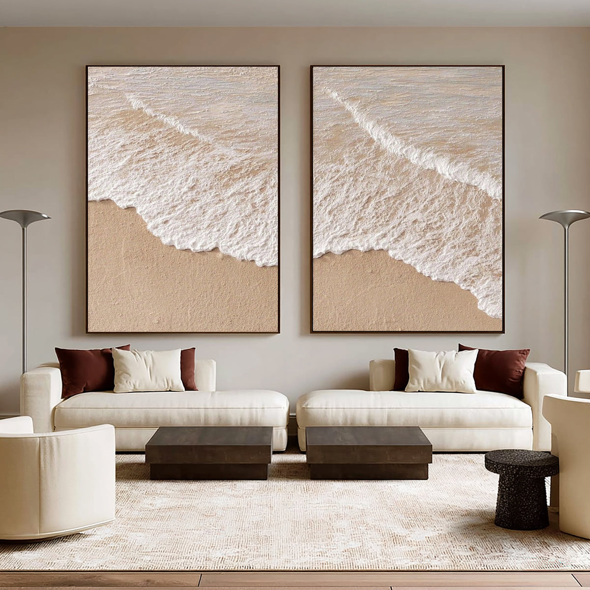 Large Modern Ocean Wave Diptych Wall Art Beige White Textured Oil Painting Coastal Seascape Two Piece Canvas Set Living Room Decor