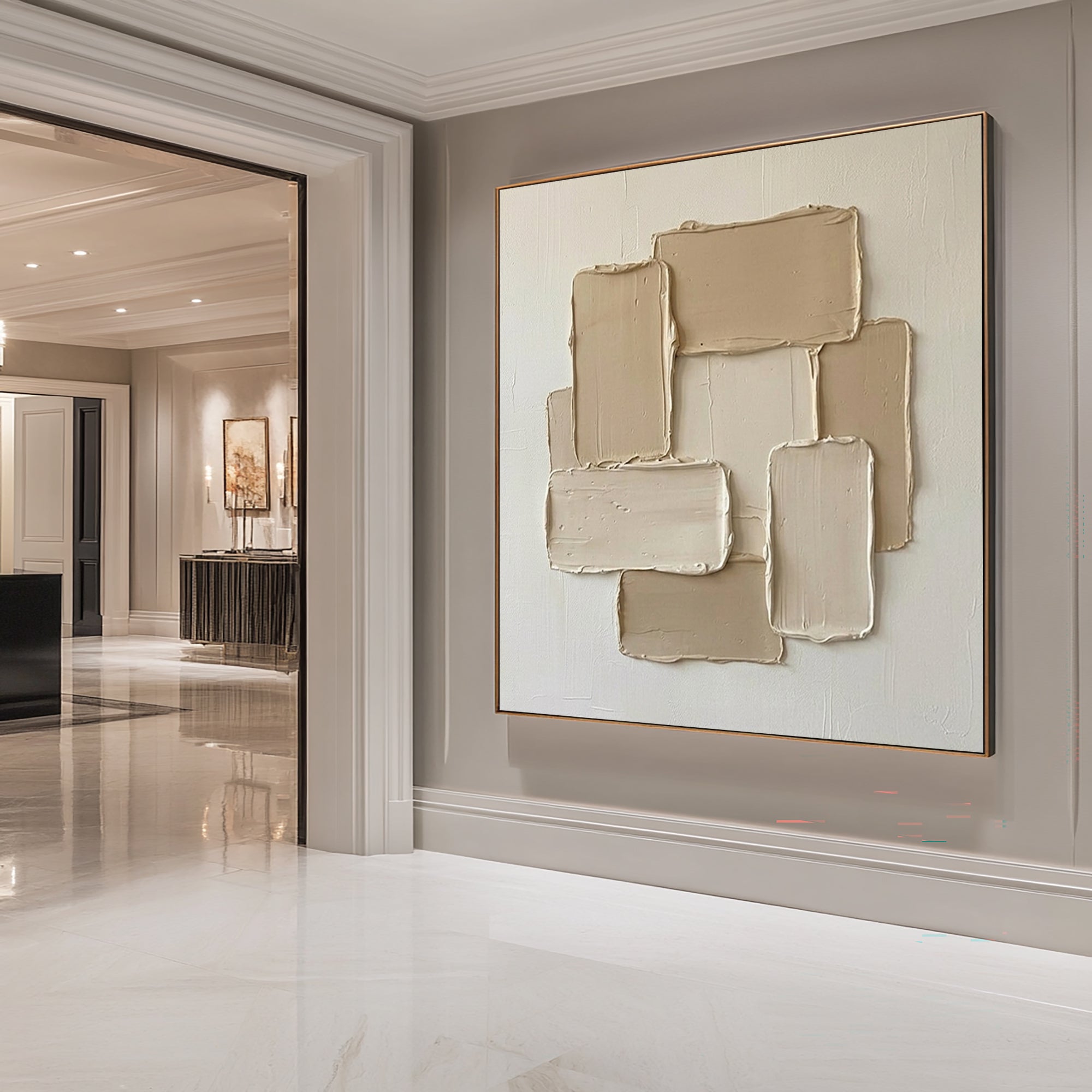 Large Contemporary Oil Painting in Beige and White with Abstract Textured Blocks