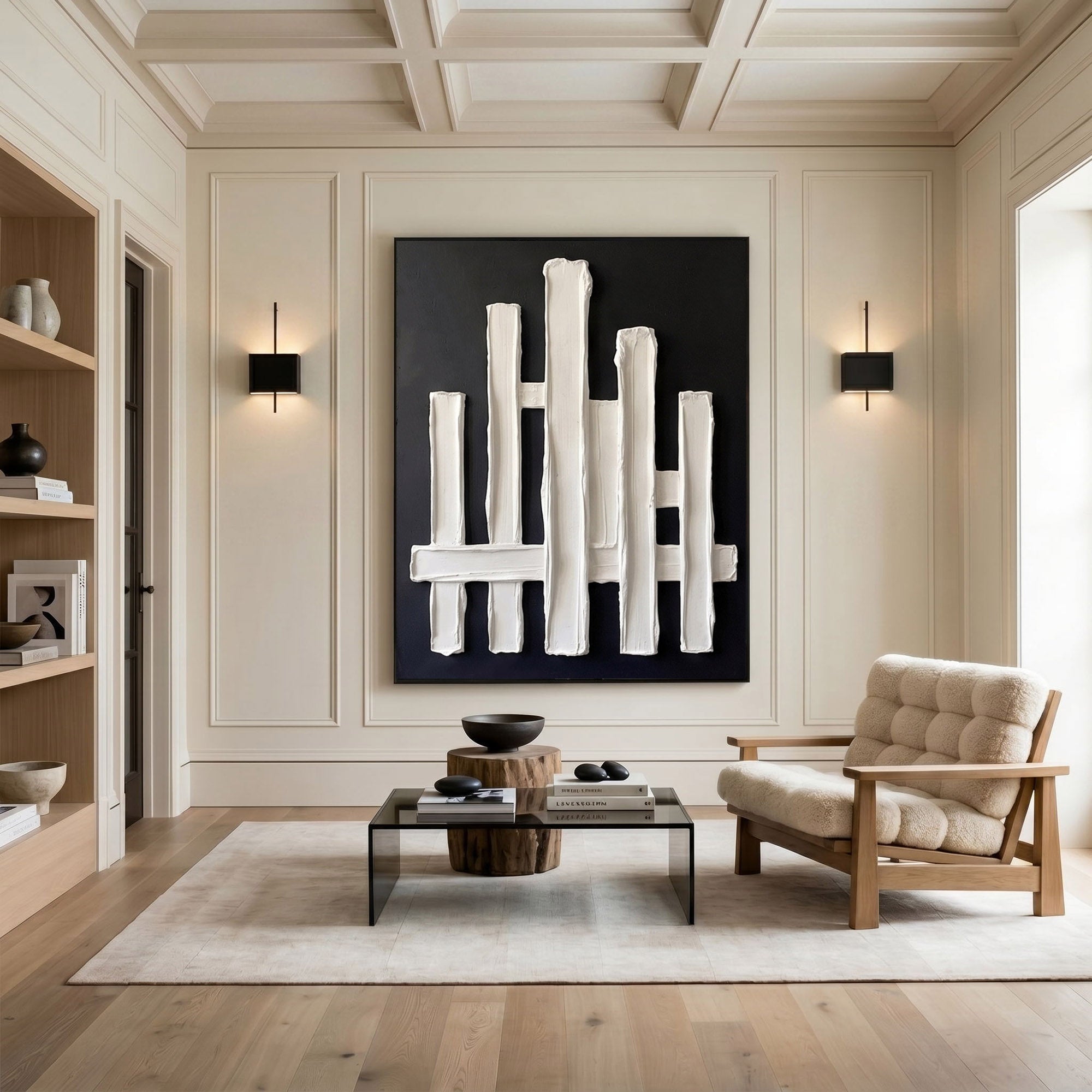 Large Abstract Textured Wall Art Black Plaster Painting Sculptural Modern Minimalist Luxury Interior Decor