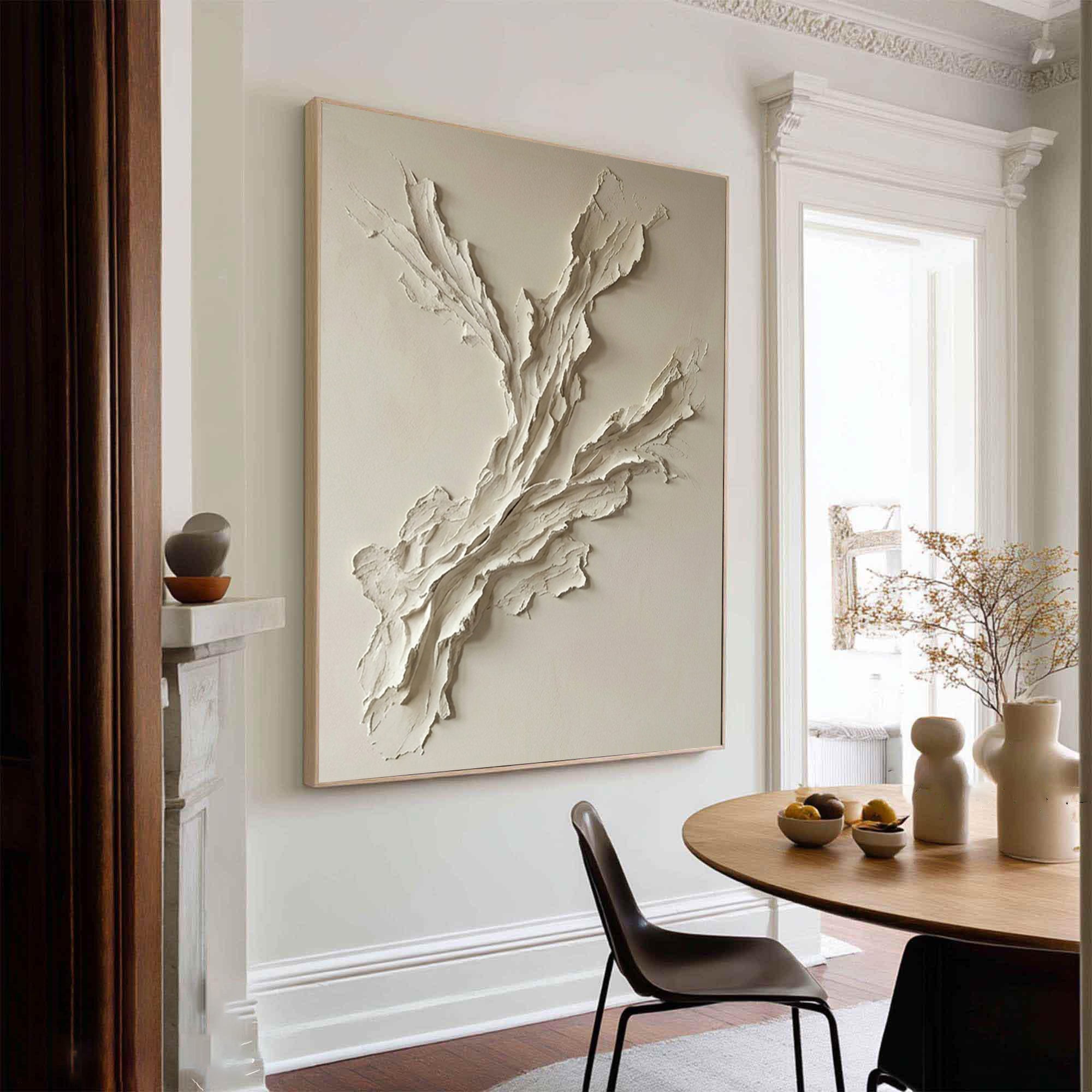 Large Abstract Neutral Oil Painting with Sculptural Branch Texture Design