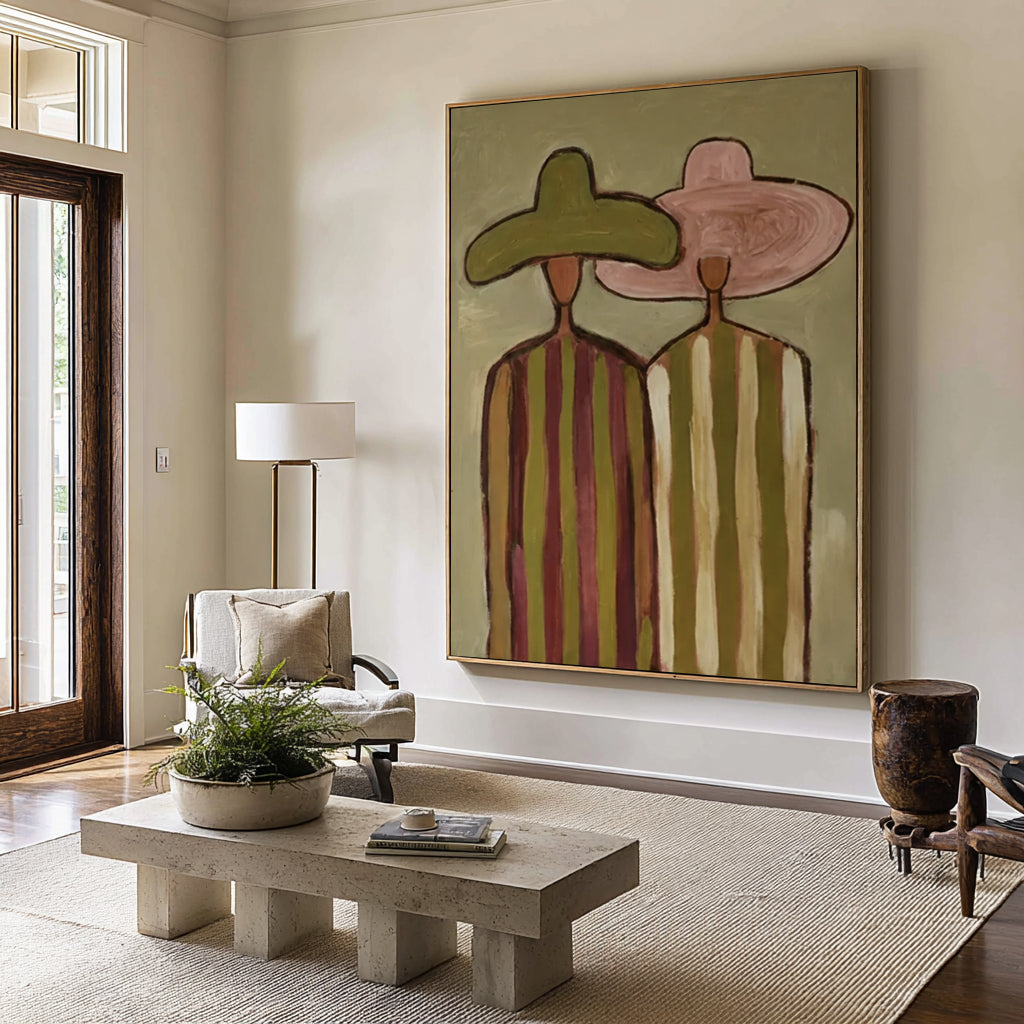 Oversized Minimalist Cowboy Couple Canvas Art Contemporary Neutral Painting